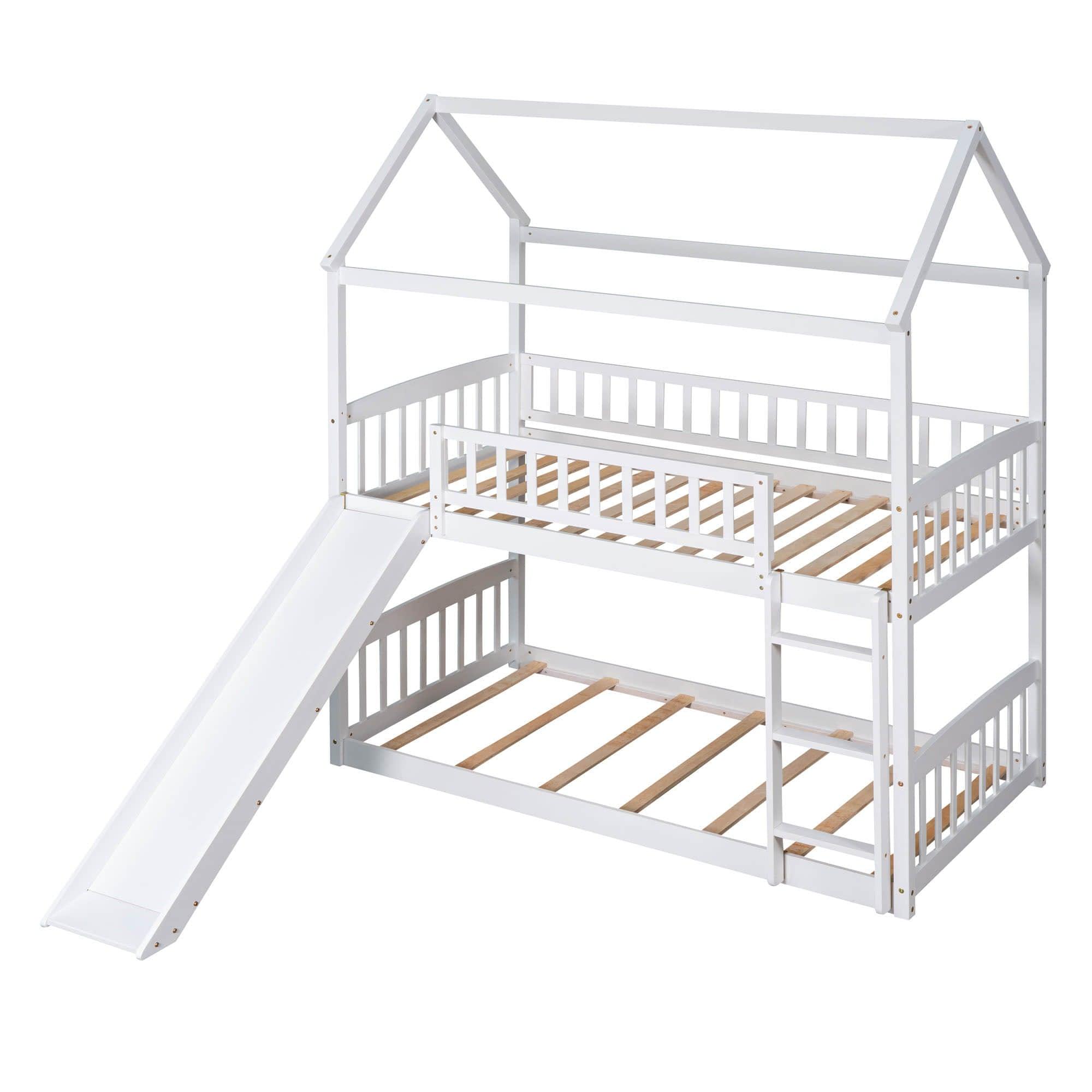 Twin Over Twin Low House Bunk Bed with Slide and Ladder - [Floor, Interchangeable]