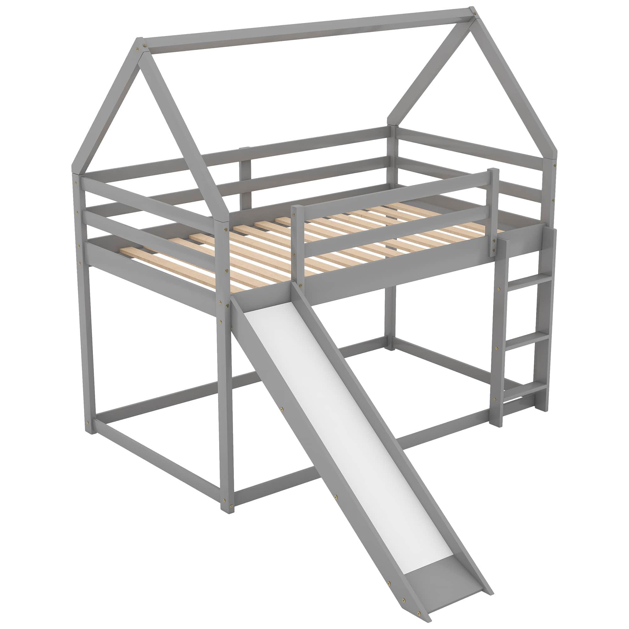 Twin Over Twin House Low Bunk Bed with Slide and Ladder - [Floor, Wood]