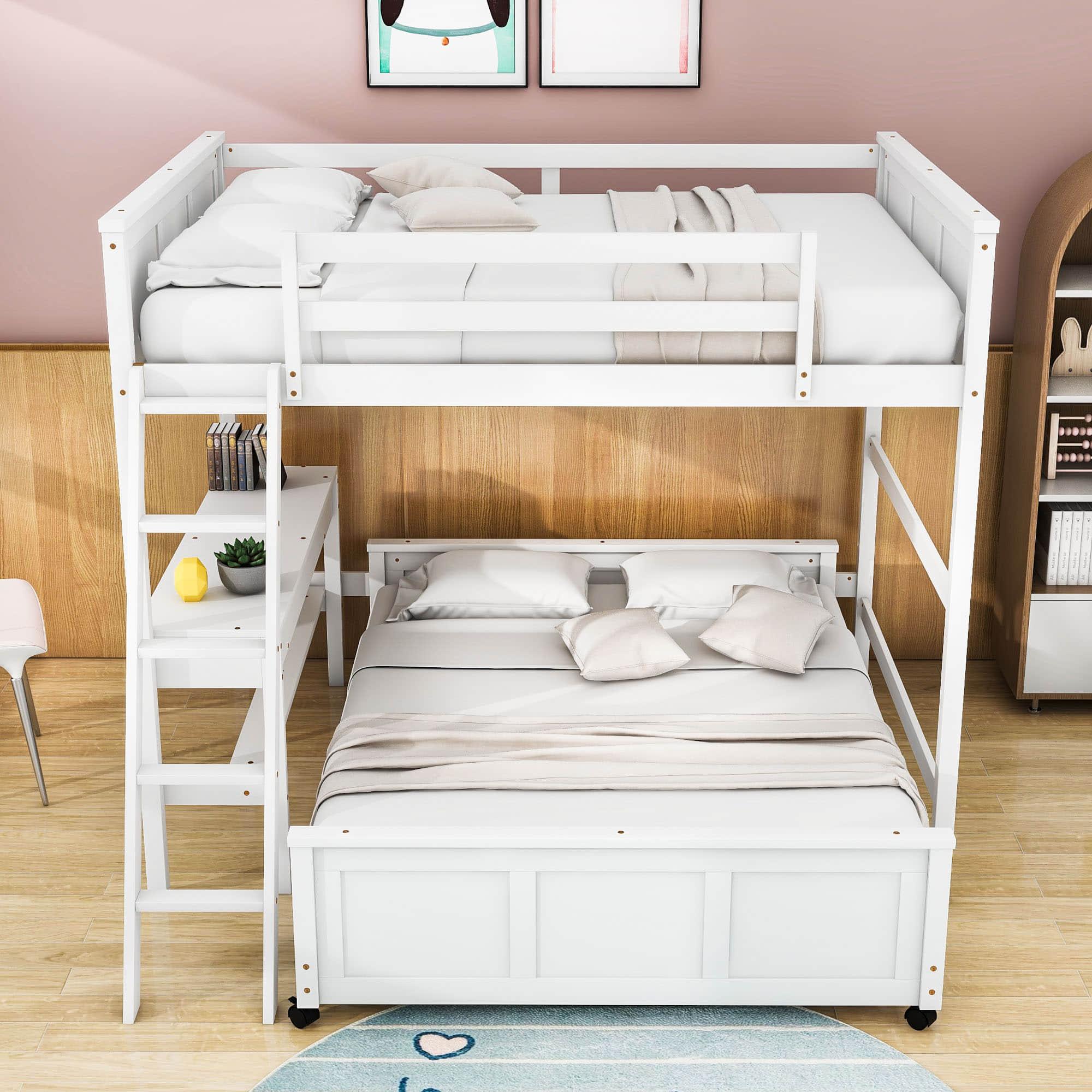 L-Shaped Full Over Full Bunk Beds with Desk and Storage Drawers Wooden