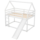 Twin Over Twin House Low Bunk Bed with Slide and Ladder - [Floor, Wood]