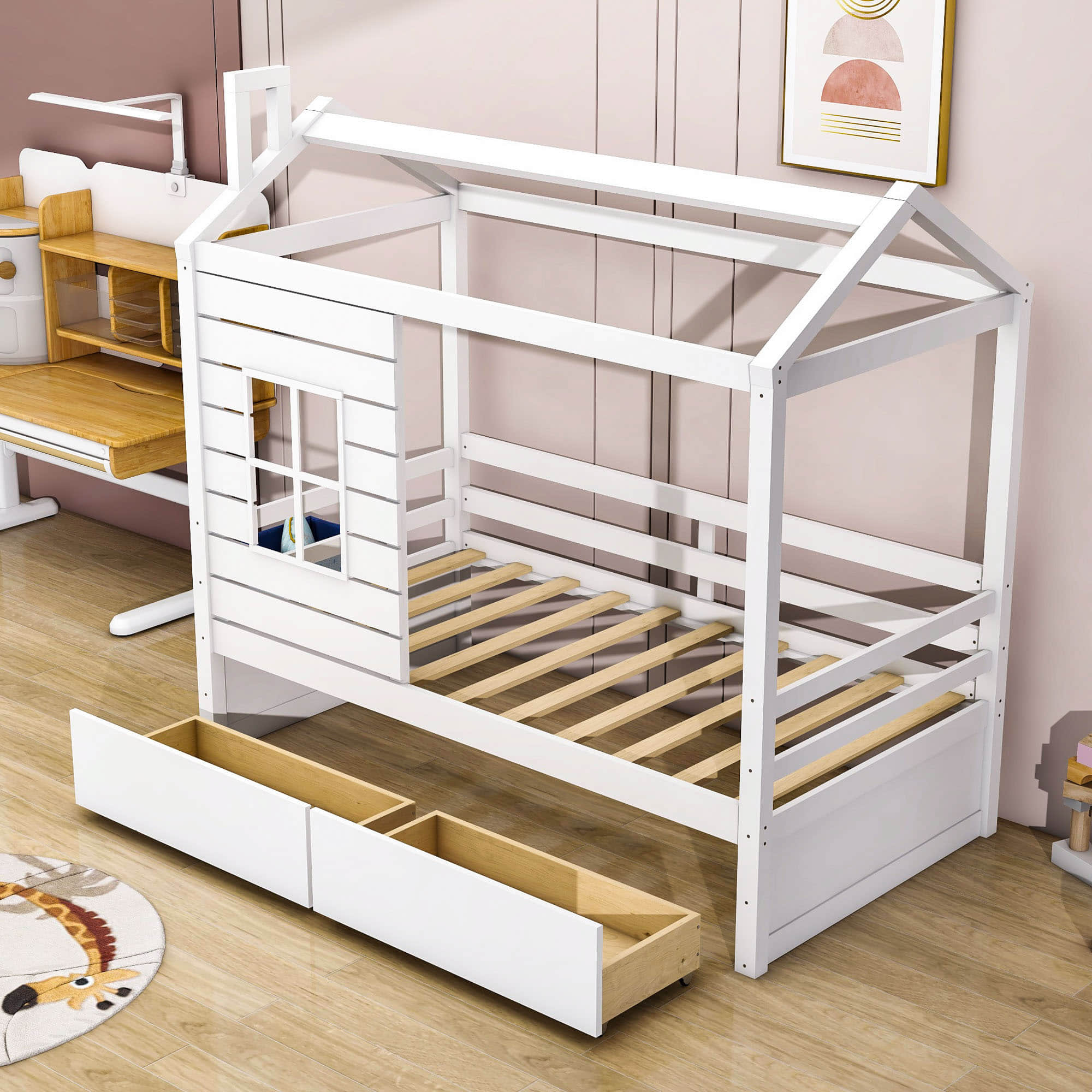 Kids Twin Size Wood House Bed with Rails Storage Drawers