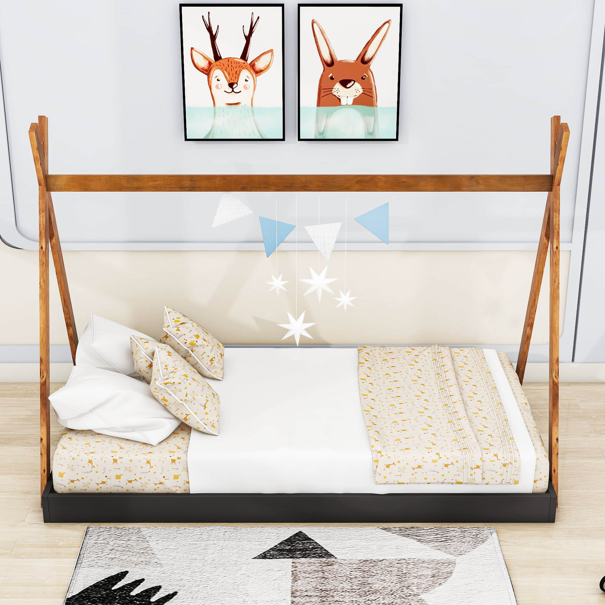 Kids Twin Tent Floor Bed for Toddler - [Montessori, Wooden, Teepee]