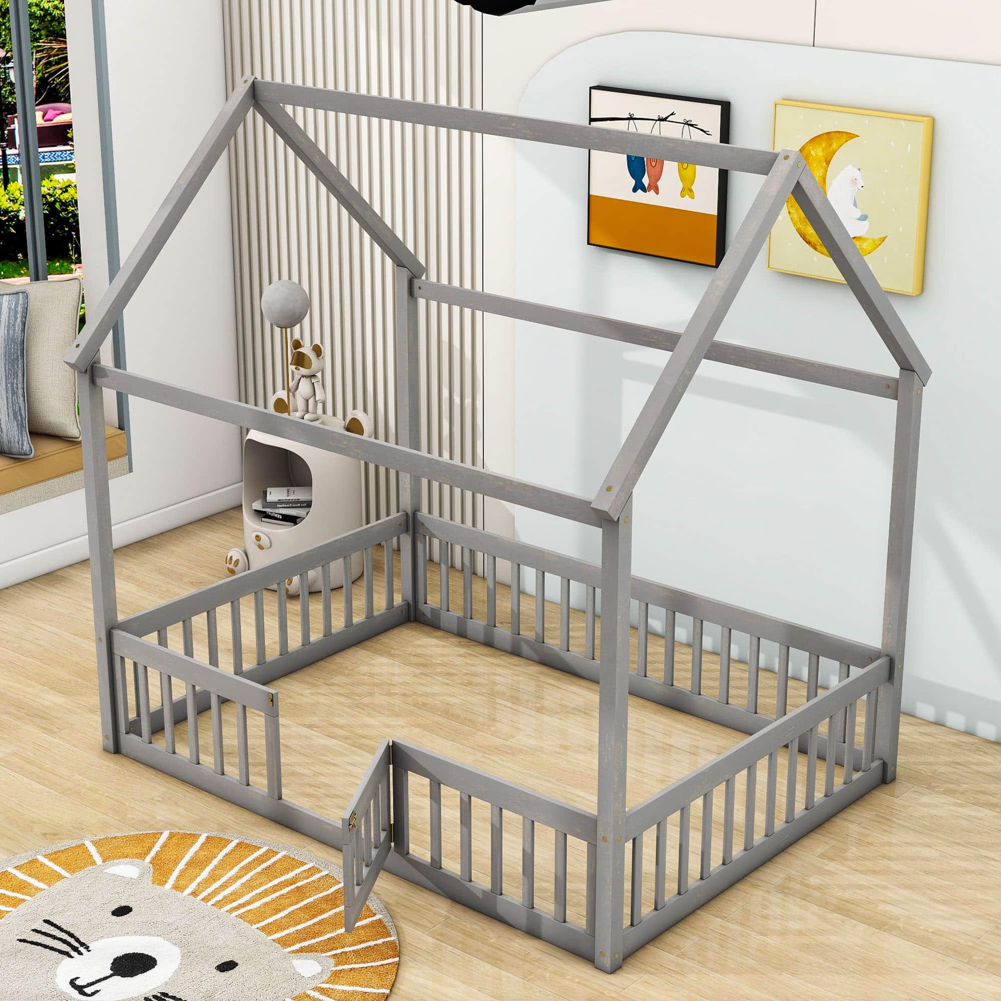 Full Size Wood House Toddler Floor Bed with Rails and Door