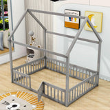 Full Size Wood House Toddler Floor Bed with Rails and Door