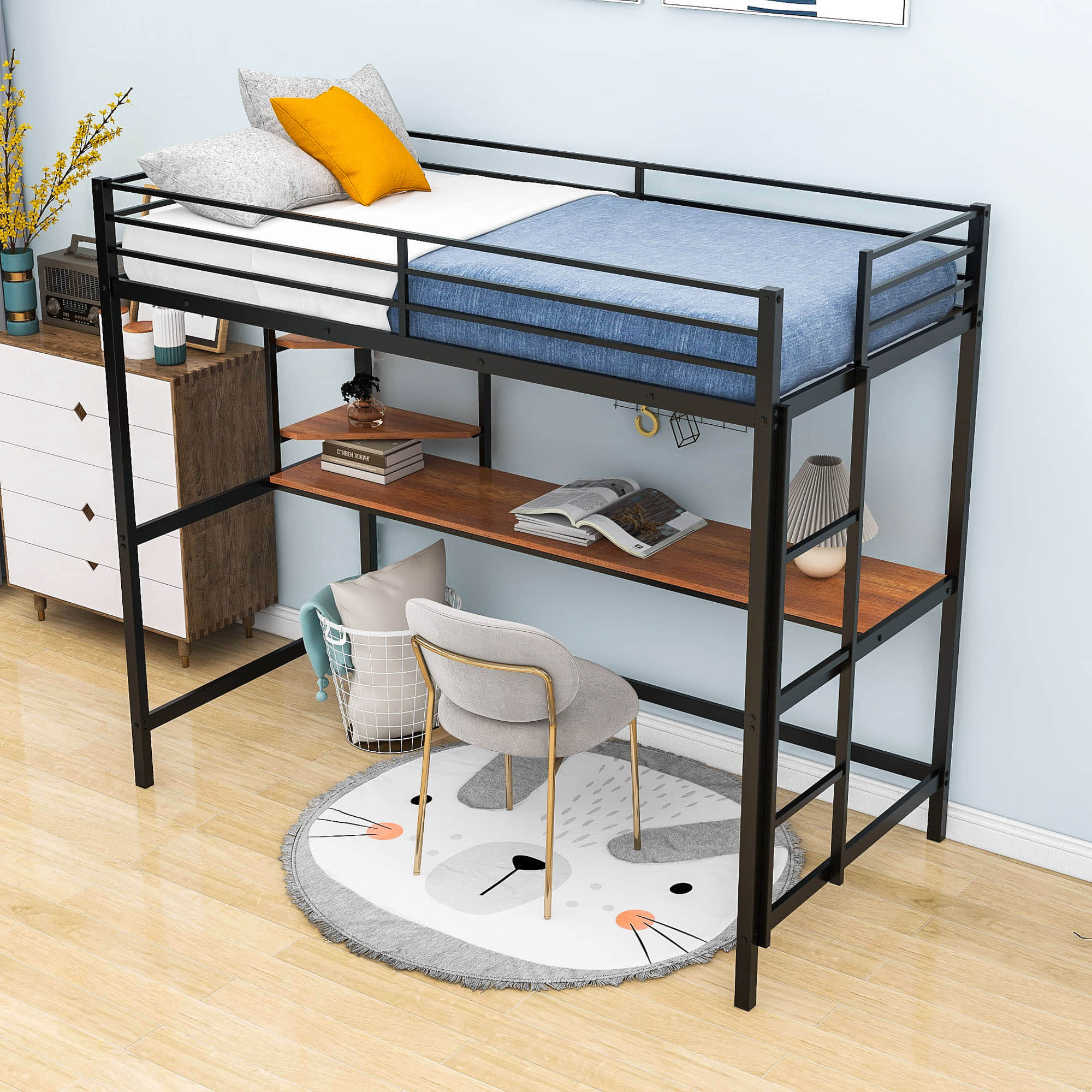 Metal Twin Loft Bed with Desk and Storage Shelves for Adults, Teens