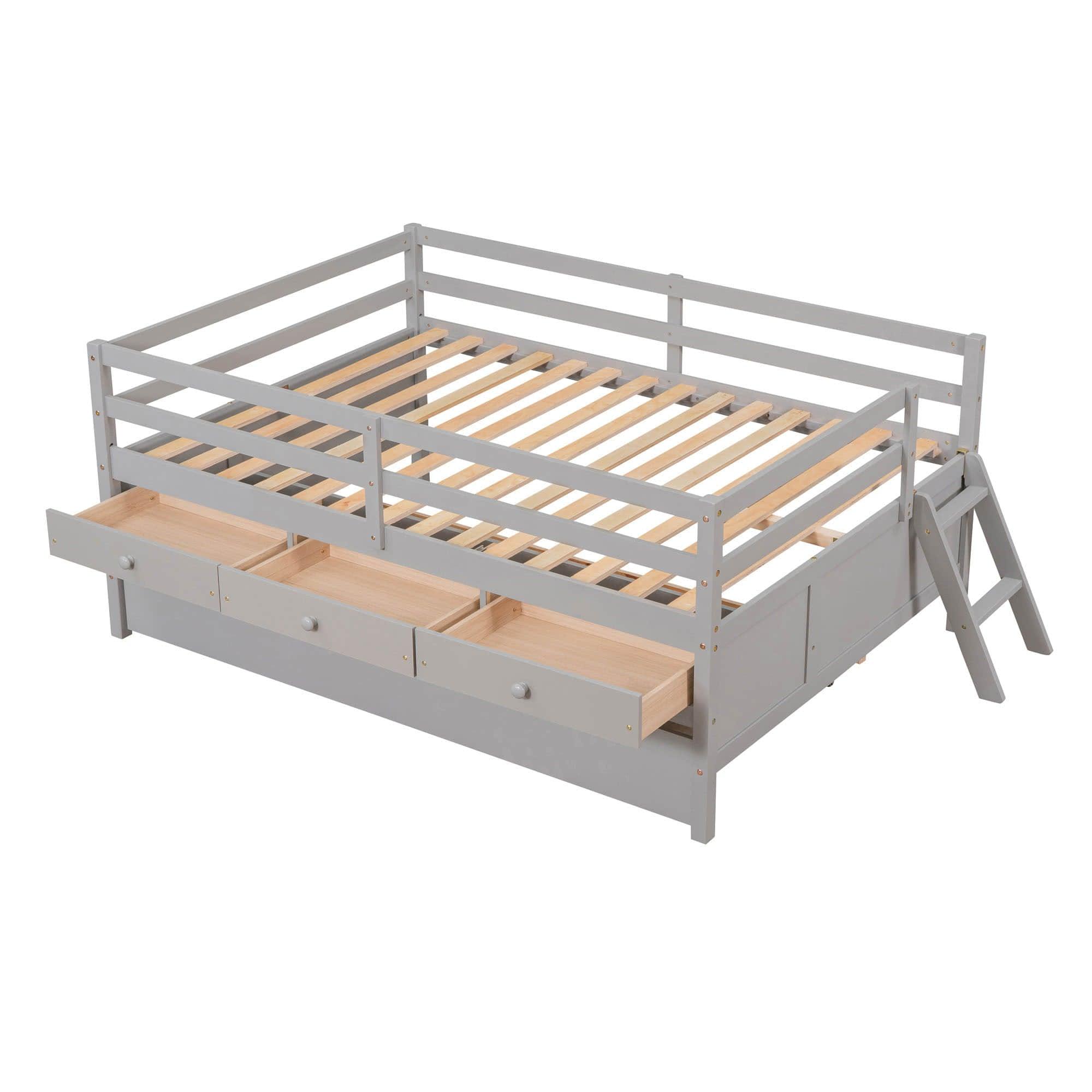 Solid Wood Low Full Size Kids Bed with Trundle and Storage - [Drawers, Rails]