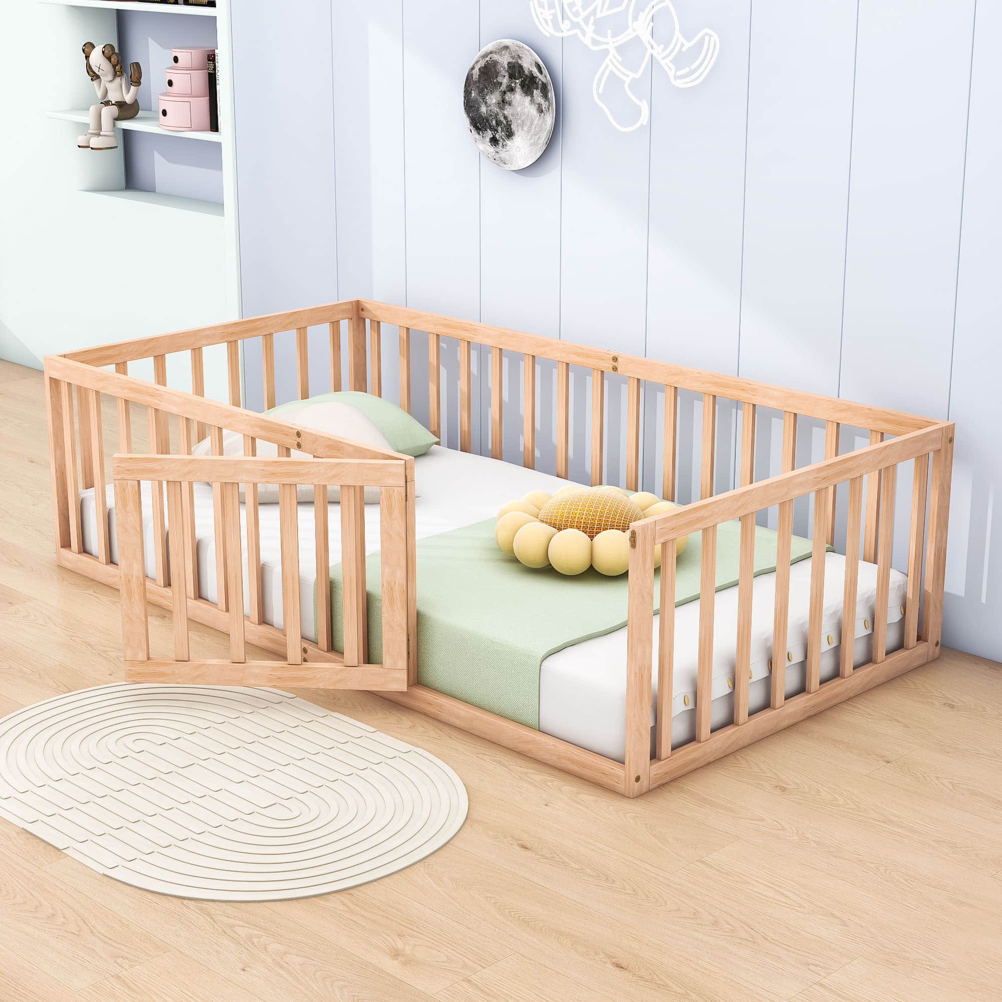 Wood Twin Size Montessori Toddler Floor Bed Frame with Rails and Door