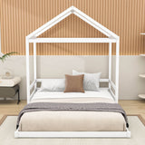 Wood House-Shaped Full Size Toddler Floor Bed with Rails