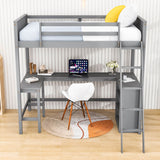 Wood Twin Size Loft Bed with Desk and Storage Shelves for Kids, Adult