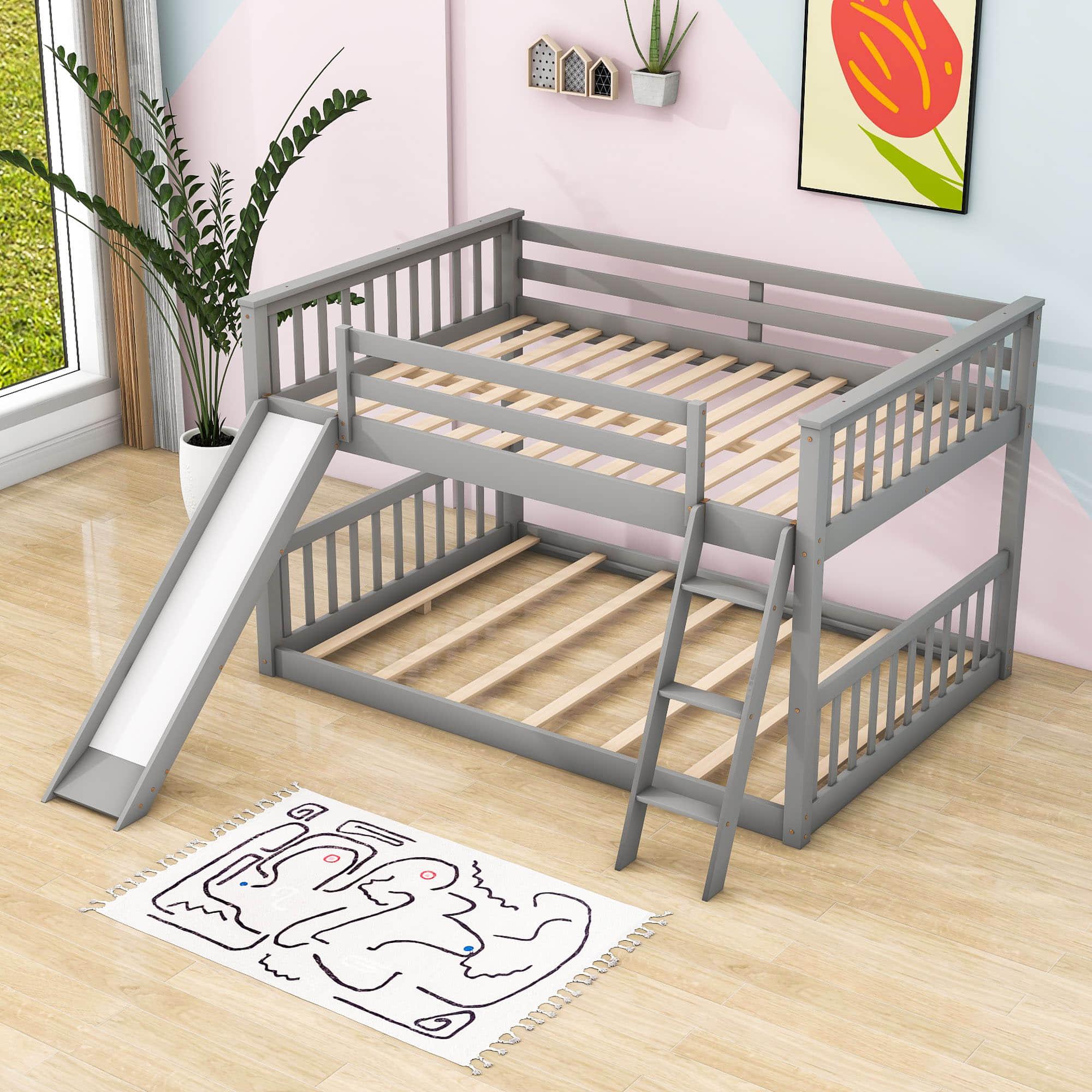 Wood Full over Full Low Bunk Bed with Slide and Ladder - [Convertible, Classic]