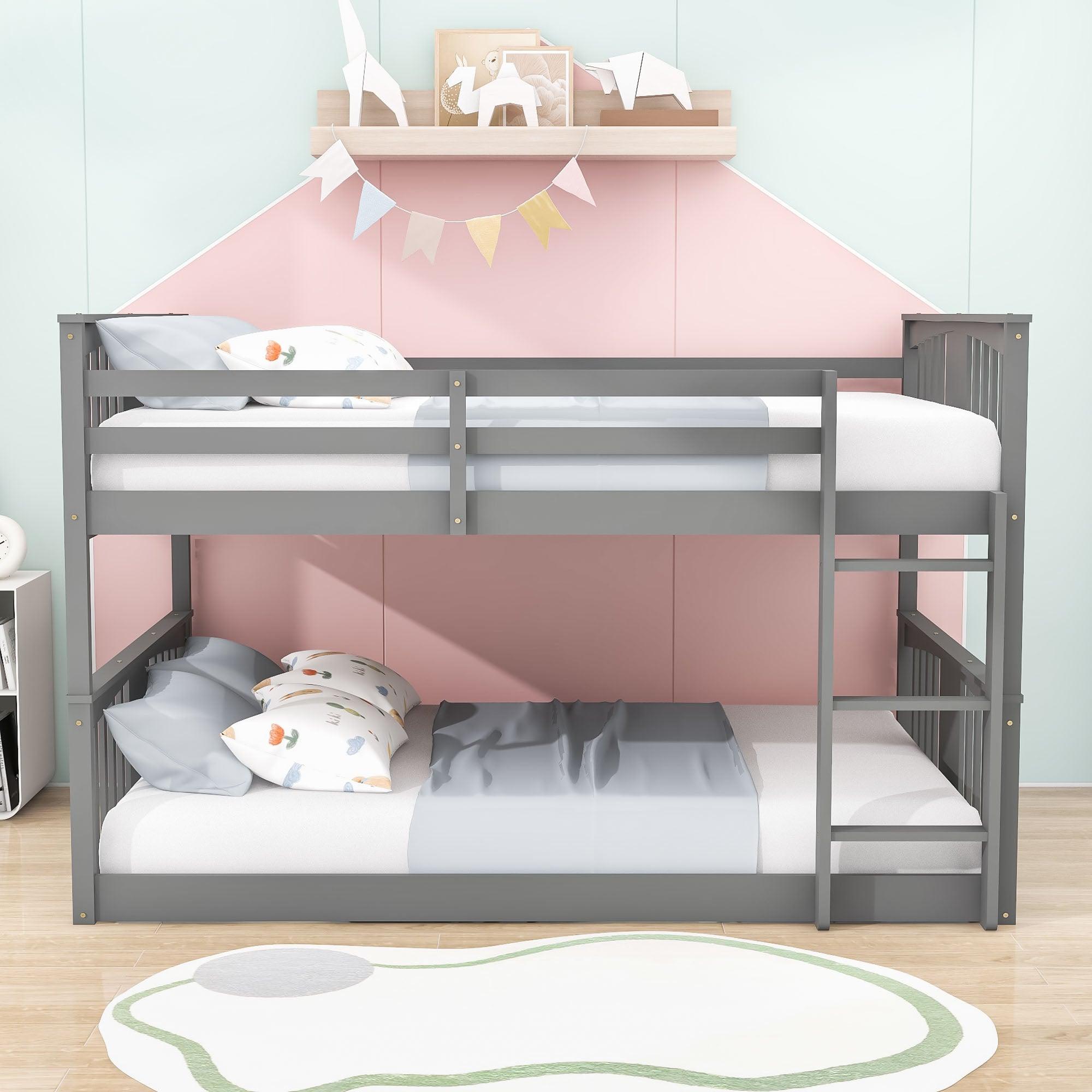 Wood Montessori Scandinavian Full Over Full Low Bunk Bed [Ladder, Guardrail]