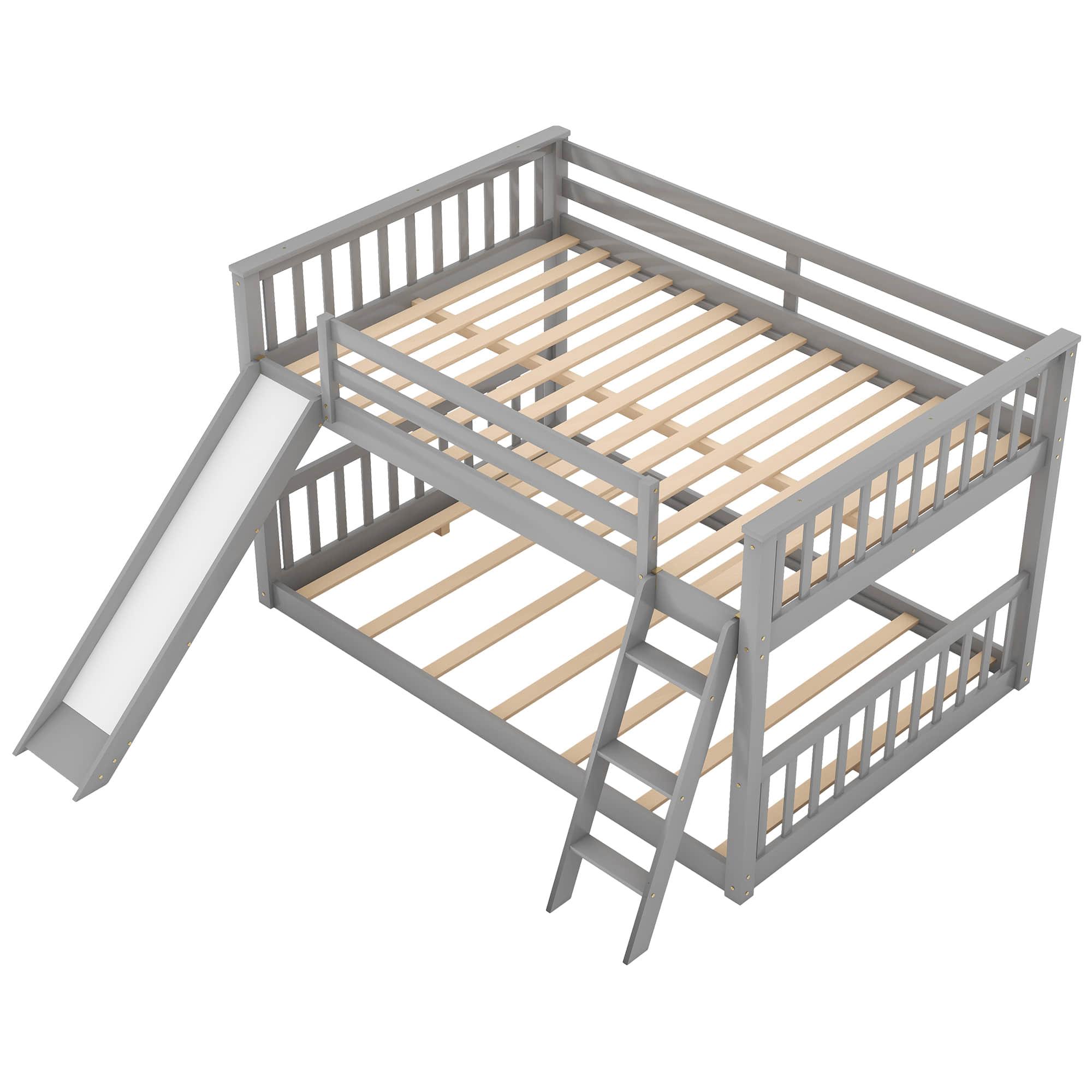 Wood Full over Full Low Bunk Bed with Slide and Ladder - [Convertible, Classic]