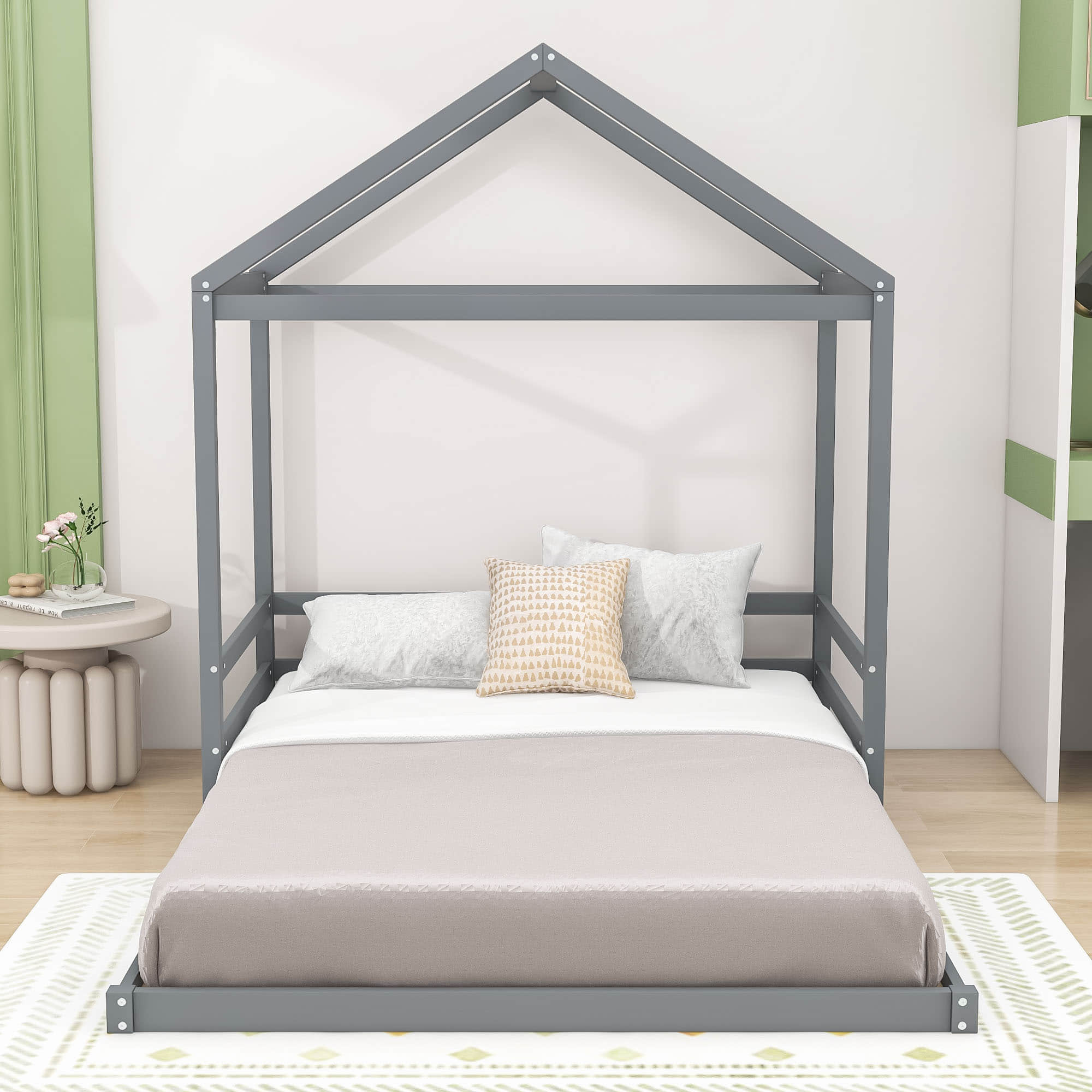 Wood House-Shaped Full Size Toddler Floor Bed with Rails