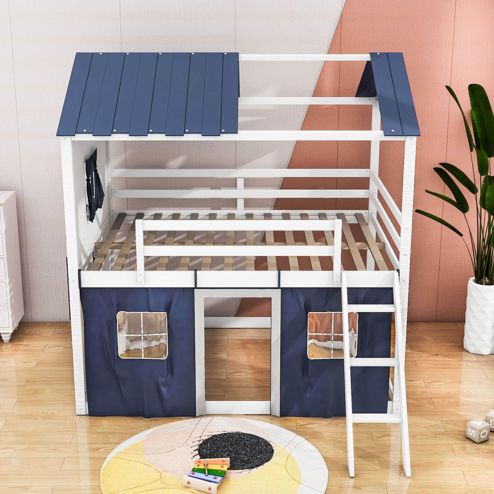 Fun Full Over Full House Loft Bunk Beds for Kids with Curtains - [Low]