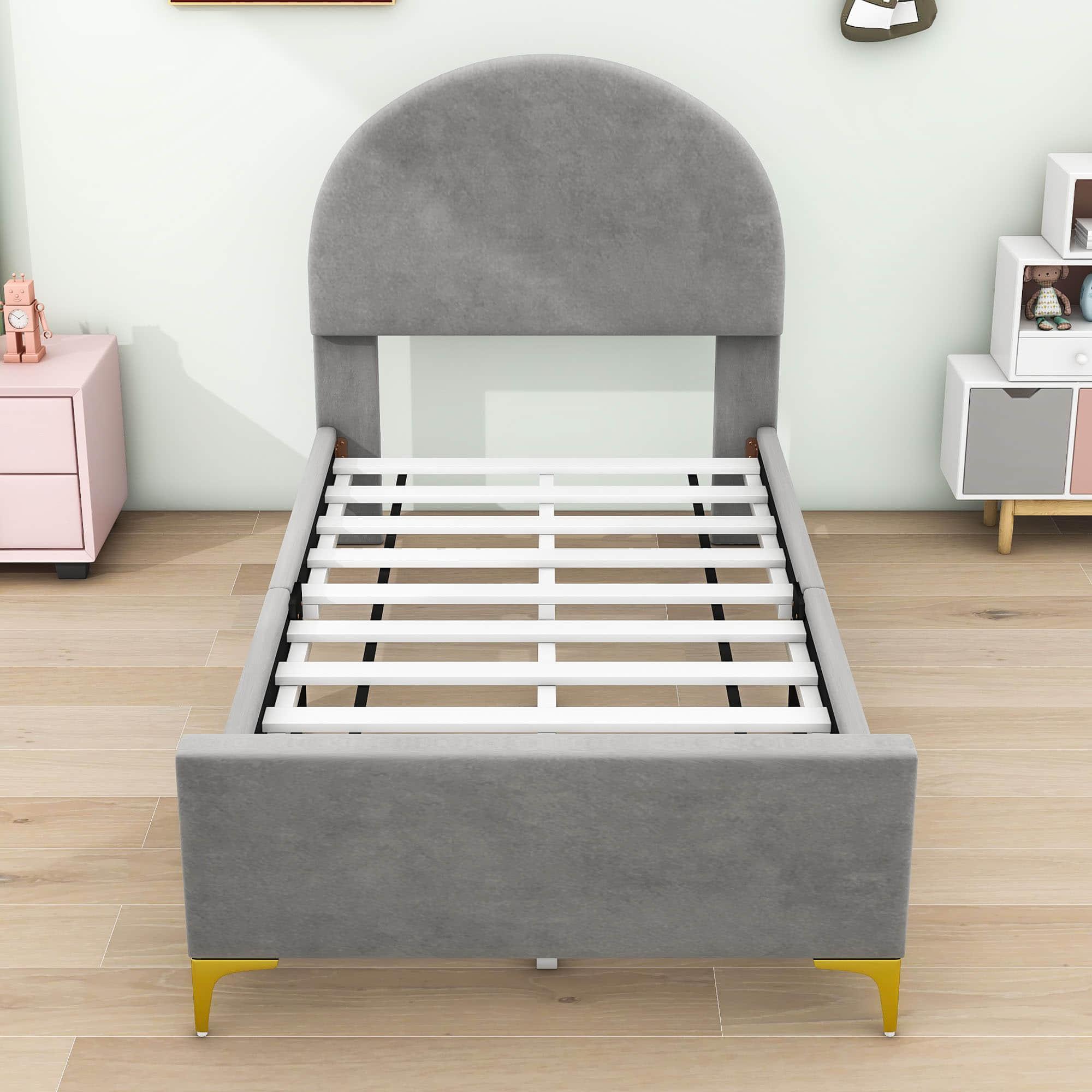 Velvet Upholstered Twin Bed Frame with Headboard for Kids, Adults