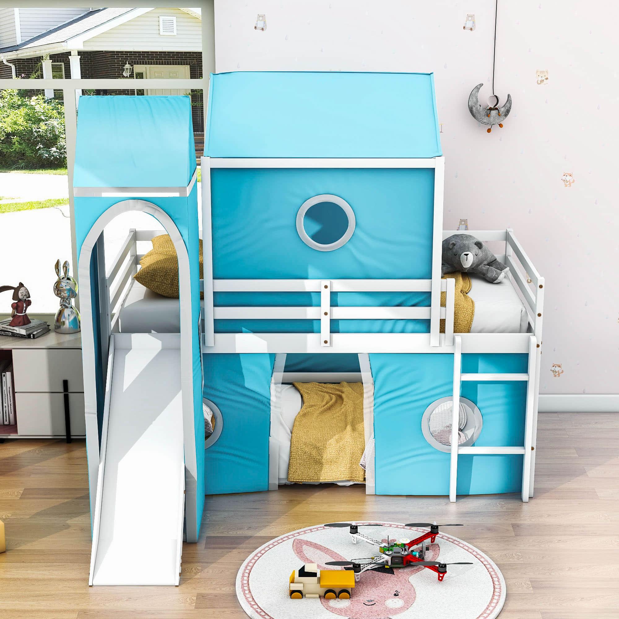 Low Twin Over Twin Bunk Beds with Slide for Kids Toddler - [Wooden, Tent, Tower]