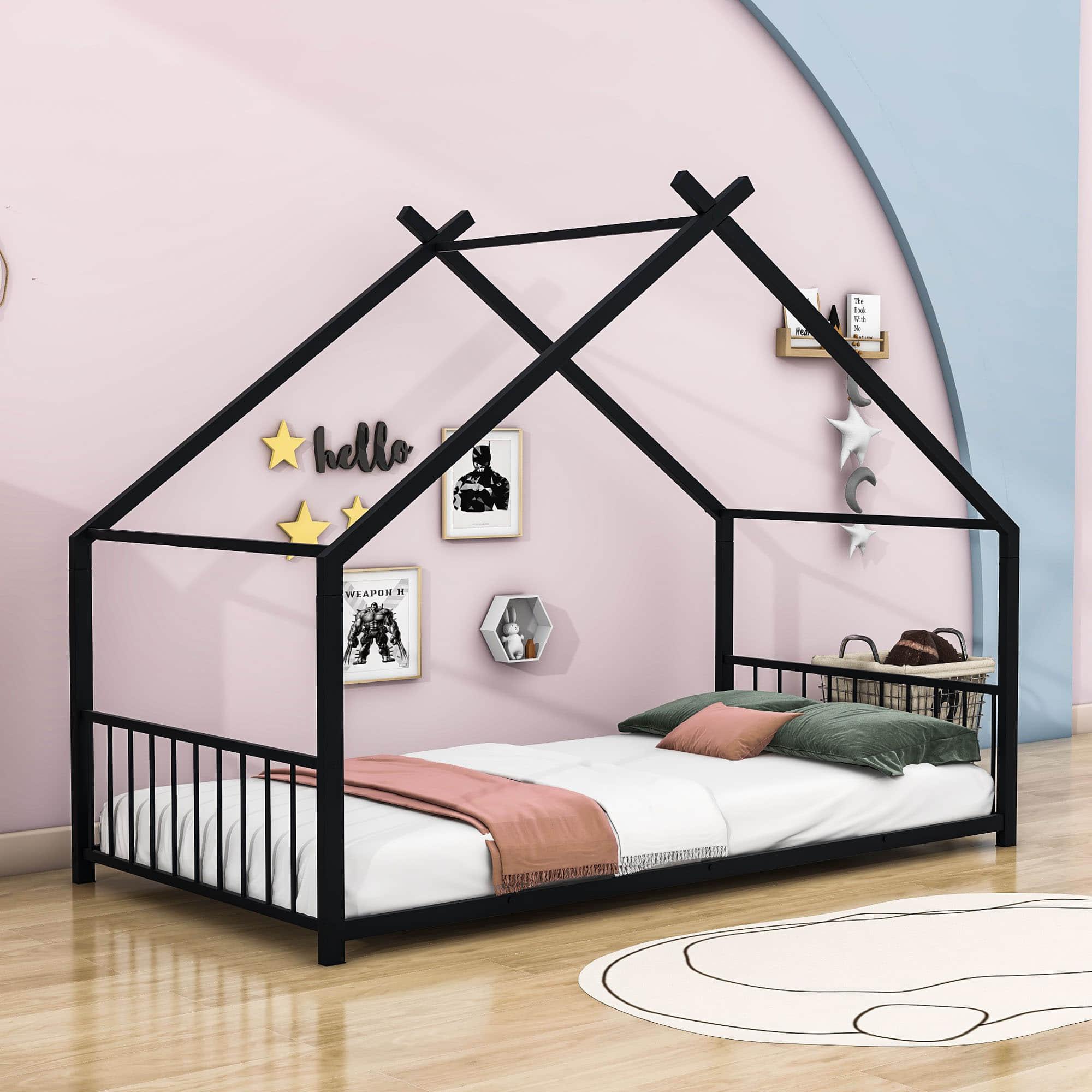 Twin Size Metal House Floor Bed for Toddler, Kids