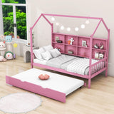 Twin Size Kids House Bed Frame with Twin Trundle and Shelf above Bed