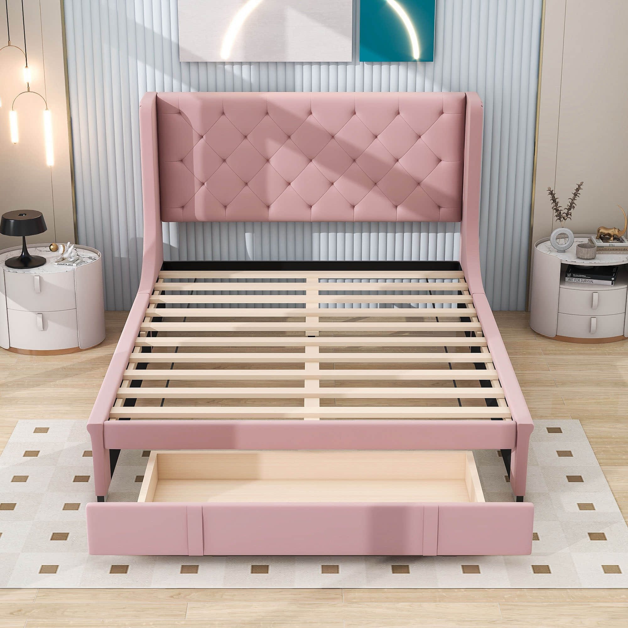 Queen Upholstered Bed Frame with Wingback Headboard and Storage