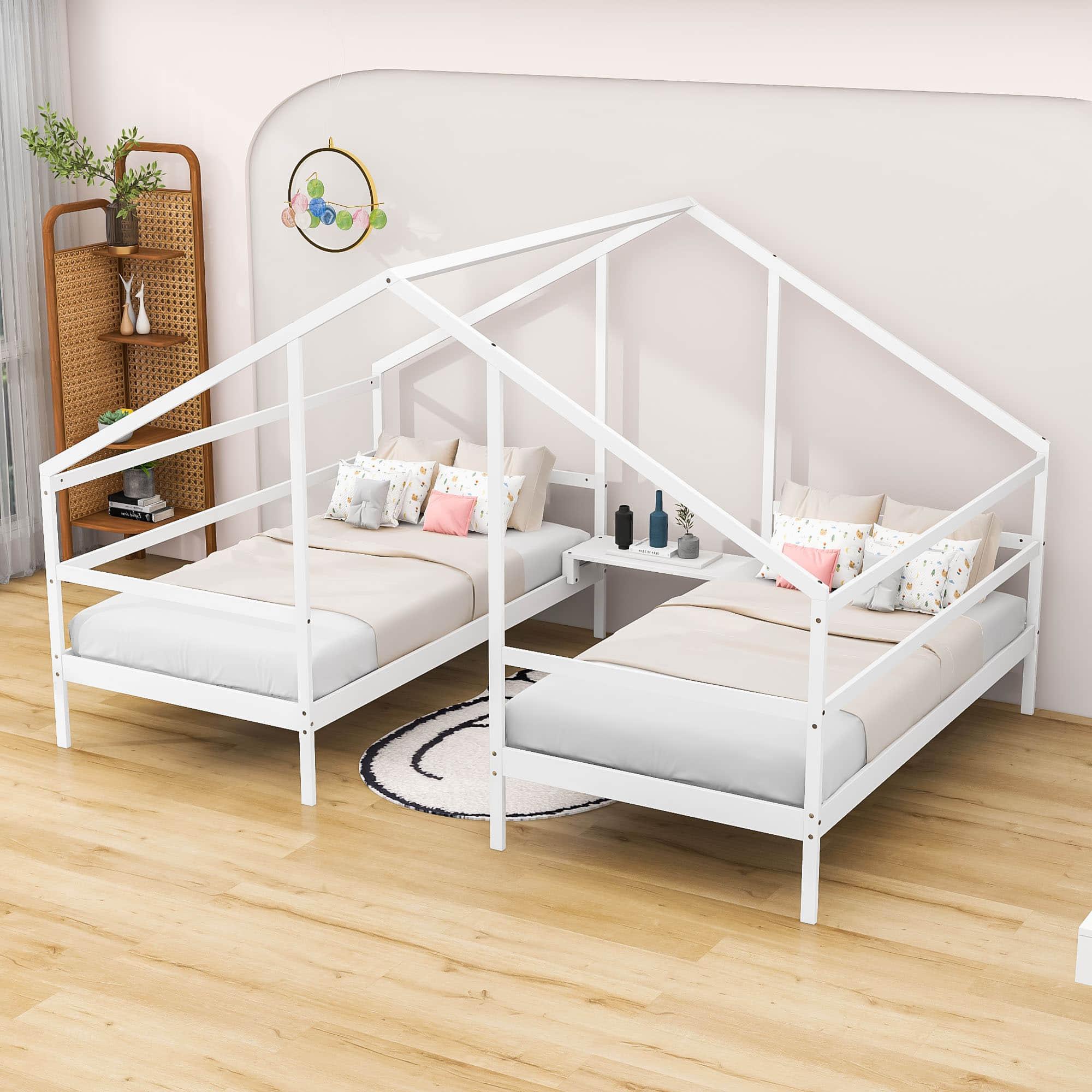 Wooden Double Twin House Beds with Built-in Table