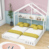 White Double Shared Twin Size House Toddler Floor Bed Frame with Rails