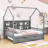 Wooden Kids House Full Size Bed with Trundle, Storage and Headboard - [Shelves]