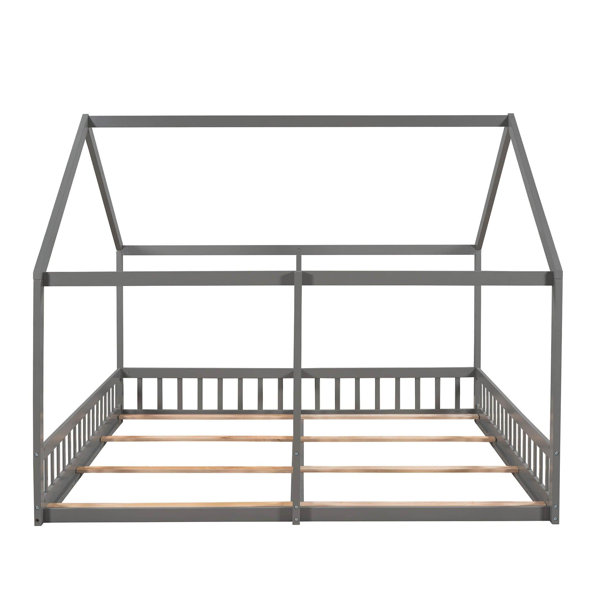 Montessori Double Twin House Floor Bed with Rails for Kids, Toddler