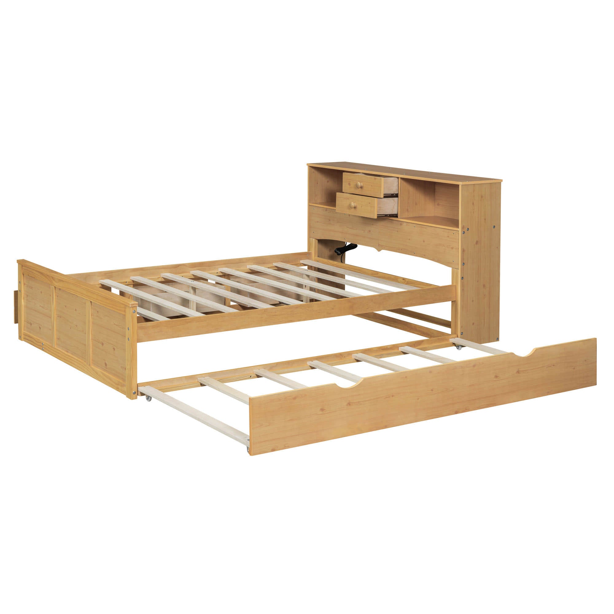 Wood Smart Full Platform Bed with Twin Trundle and Storage Headboard