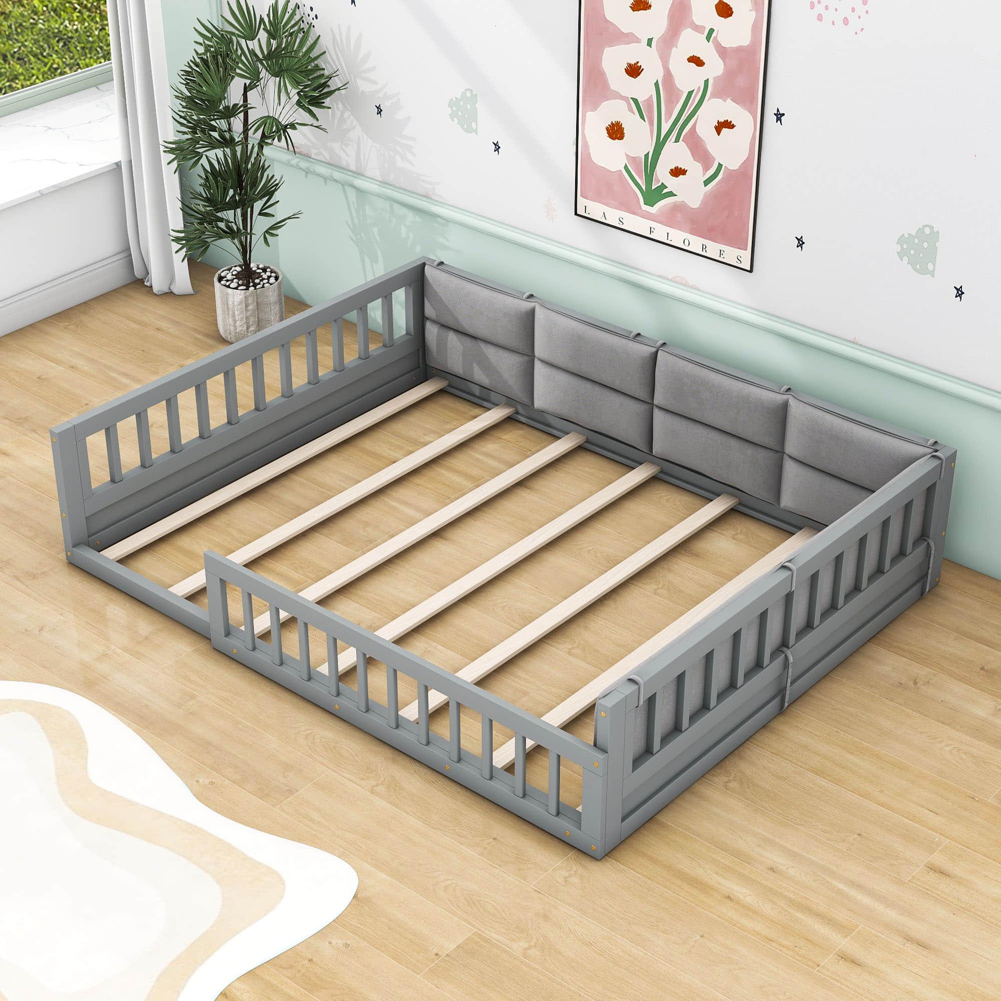 Wood & Upholstered Full Size Toddler Floor Bed with Rails and Pillow