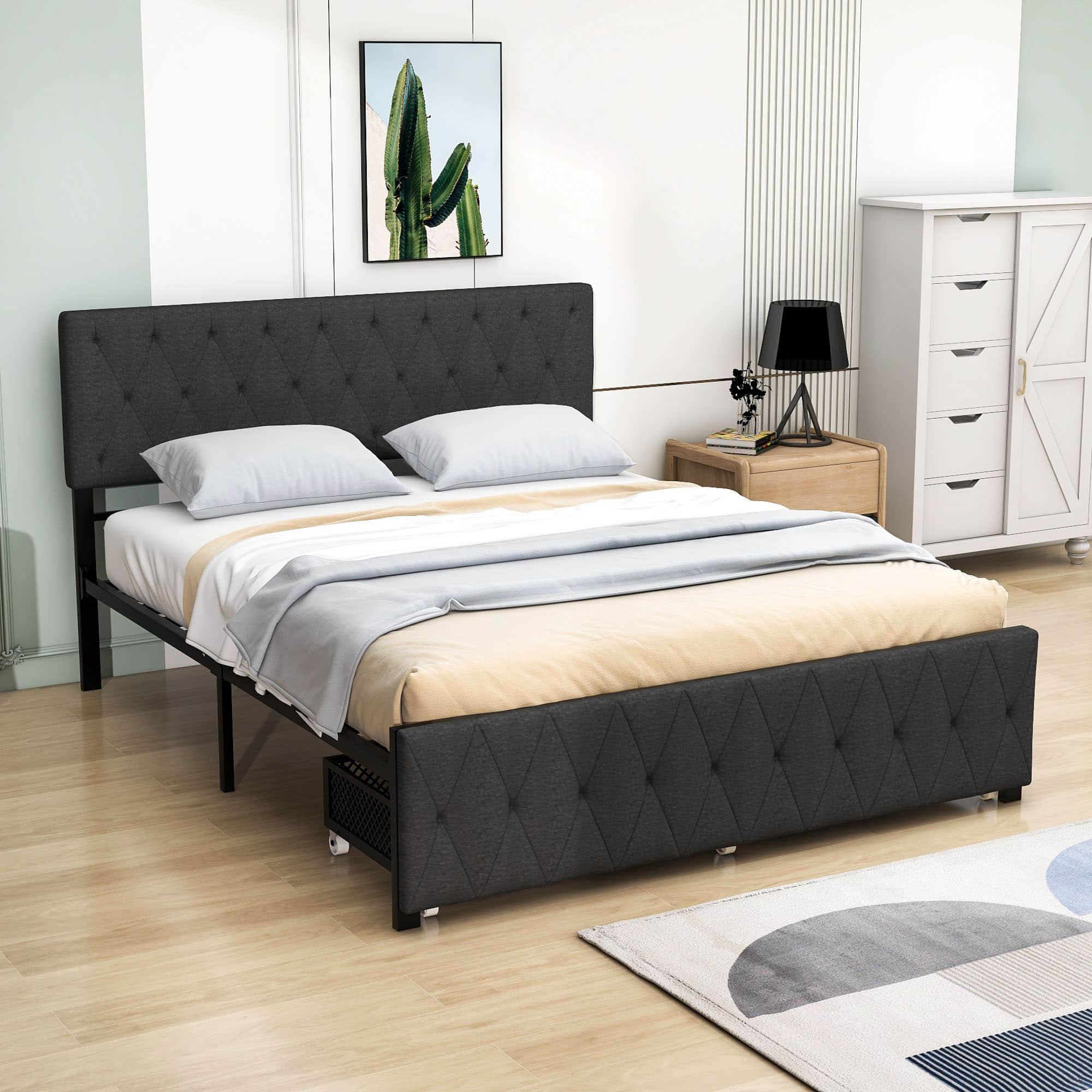 Metal Queen Size Upholstered Storage Bed with Headboard and Drawers