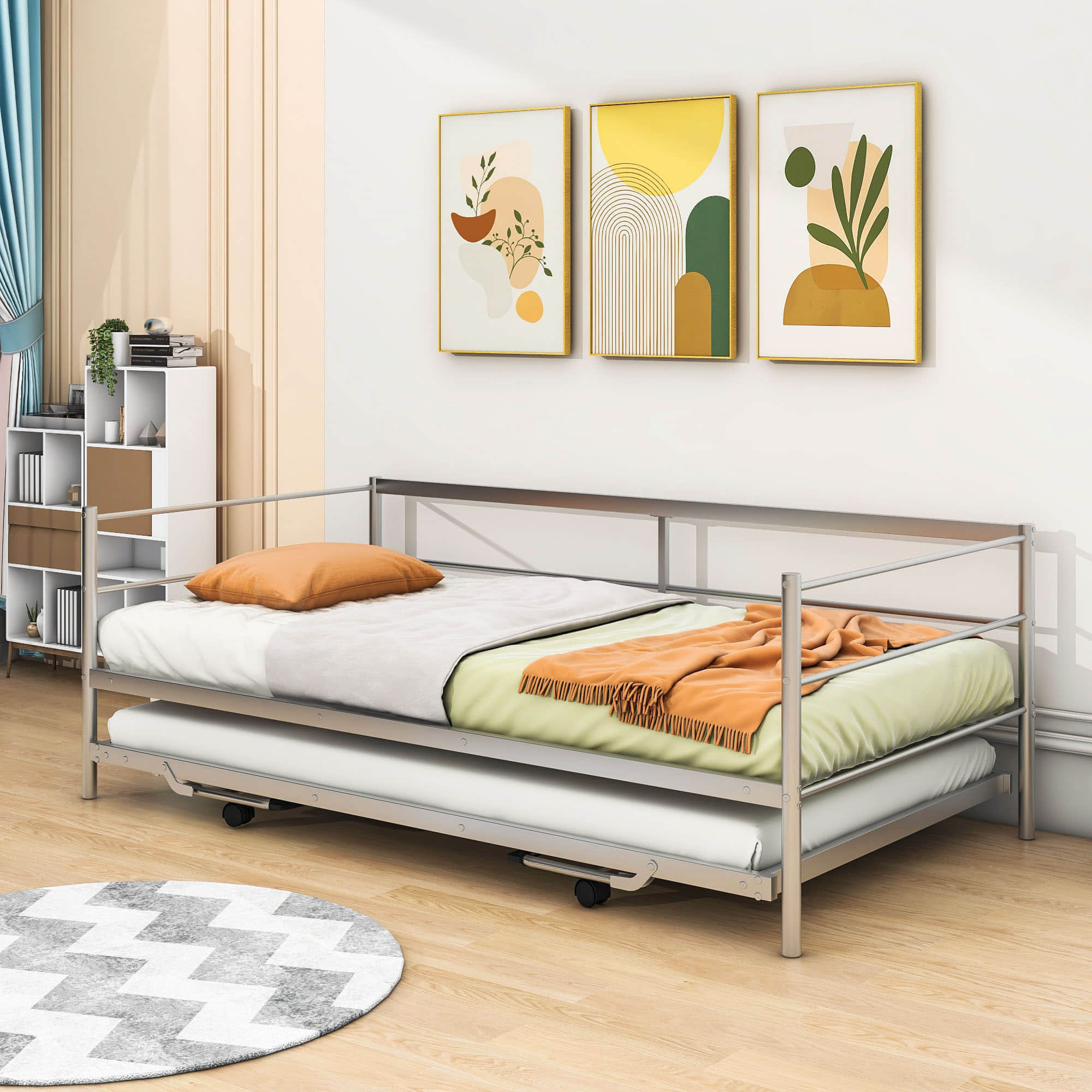 Convertible Metal Twin Daybed with Pop Up Trundle Bed