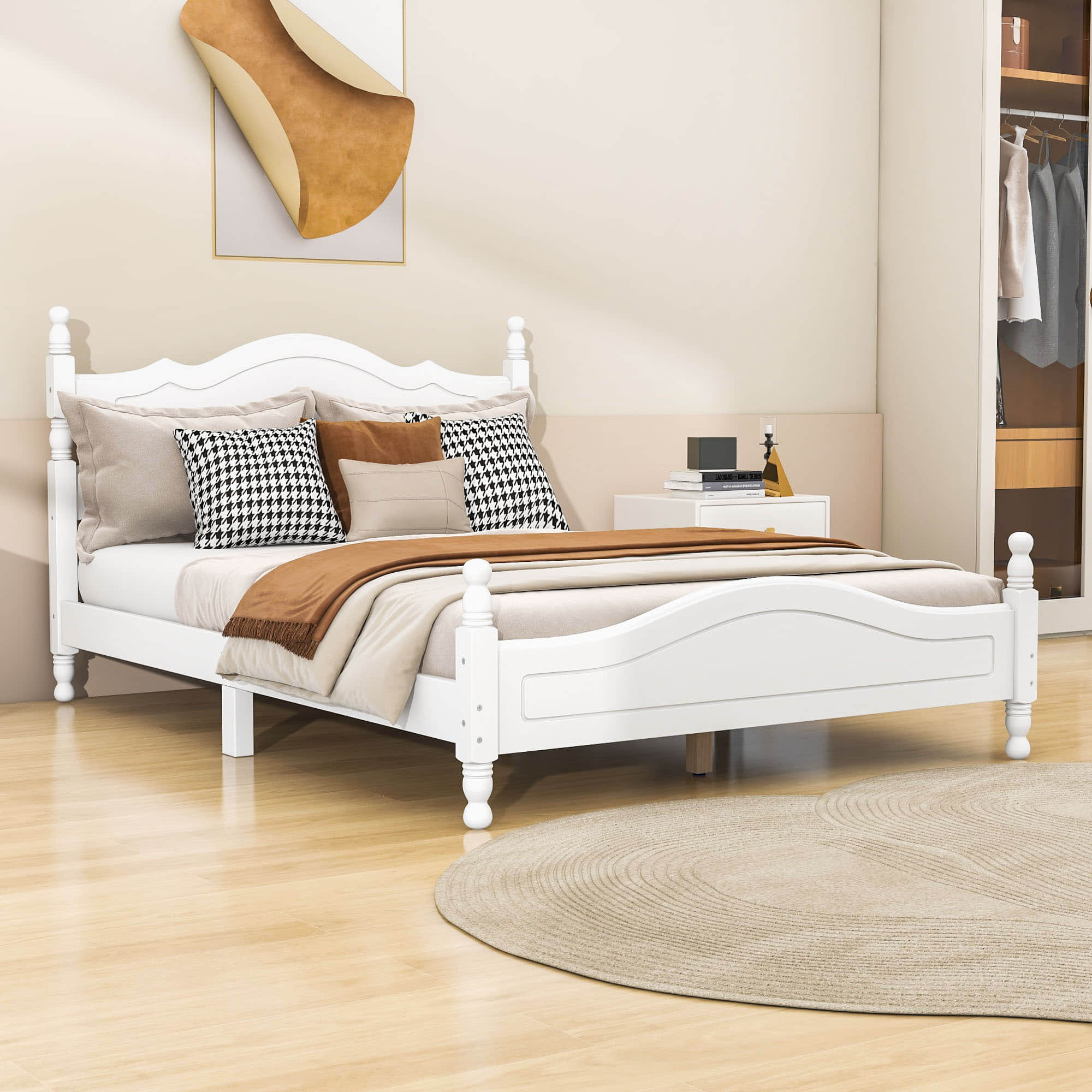 Traditional Full Size Low Profile Wood Platform Bed Frame with Headboard