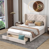 Queen Upholstered Bed Frame with Wingback Headboard and Storage