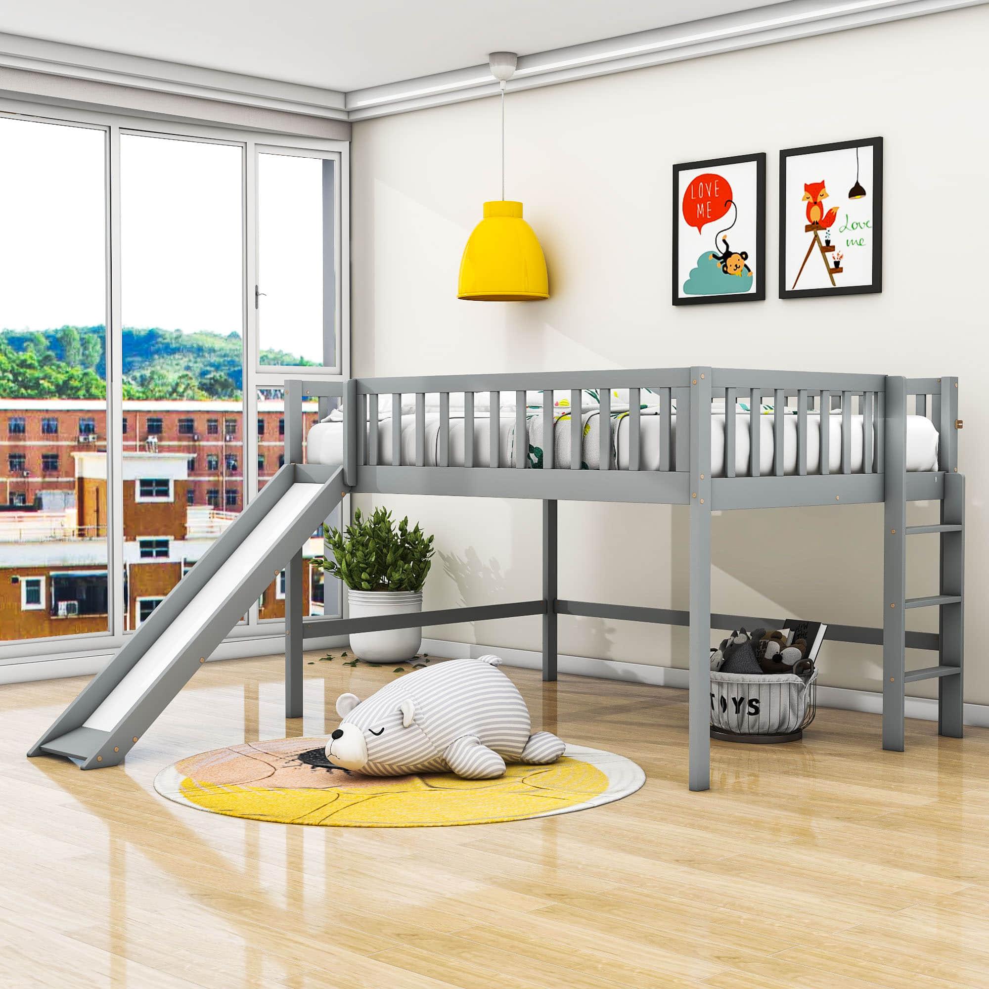 Full Size Low Loft Bed with Slide for Kids Toddler - [Wooden, Fun]