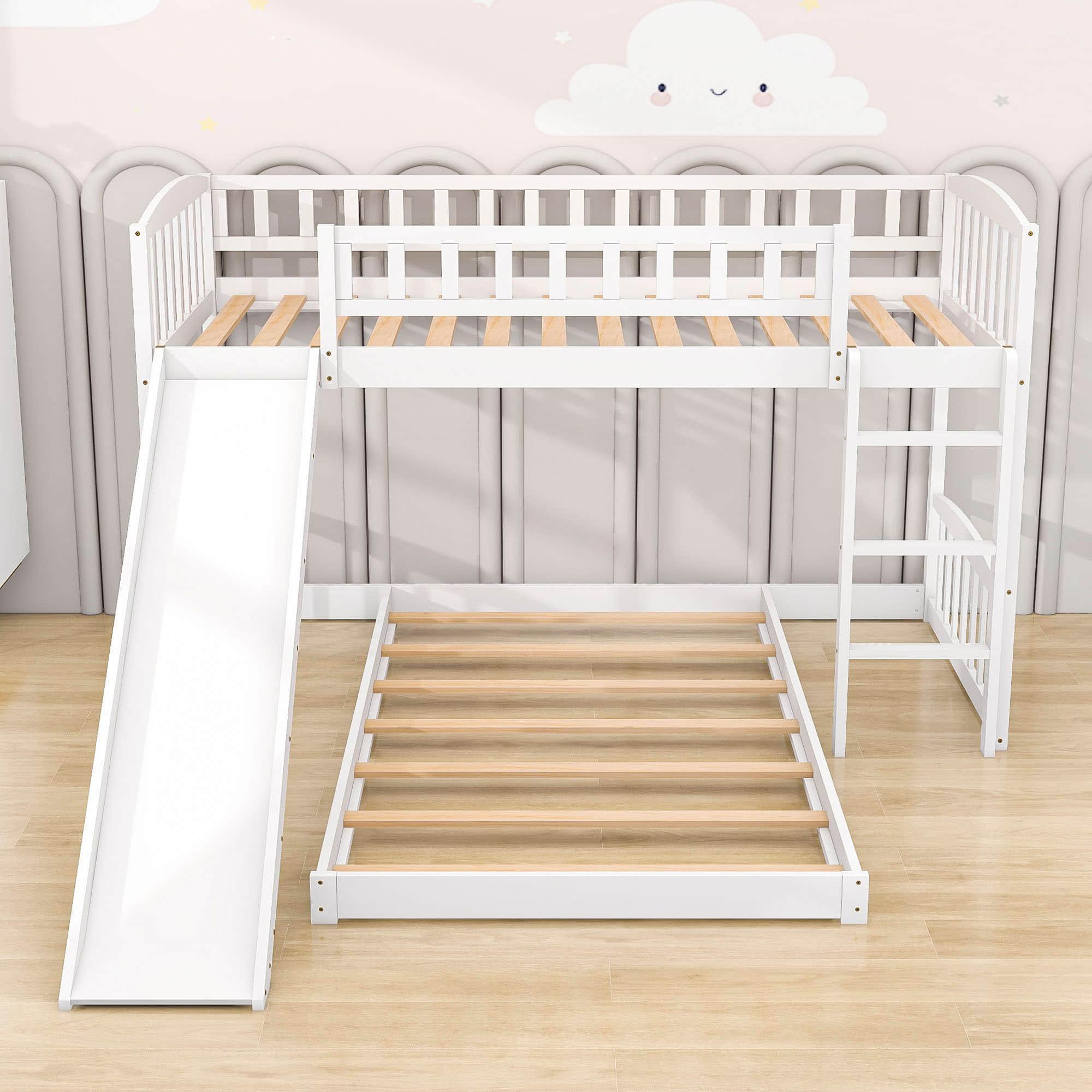 Montessori L-Shaped Twin Over Twin Floor Bunk Bed with Slide and Ladder - [Wooden]