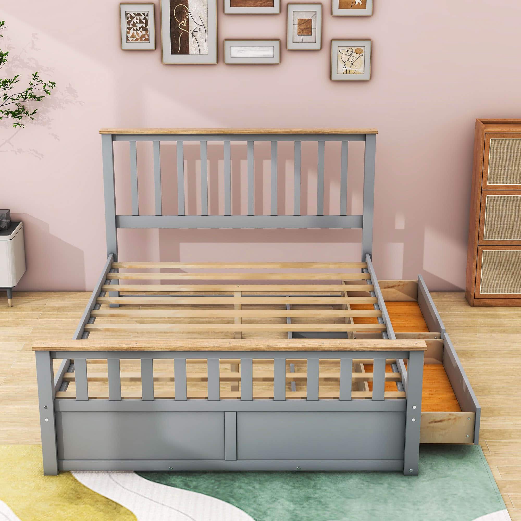 Wooden Queen Size Platform Bed Frame with Storage and Slat Headboard