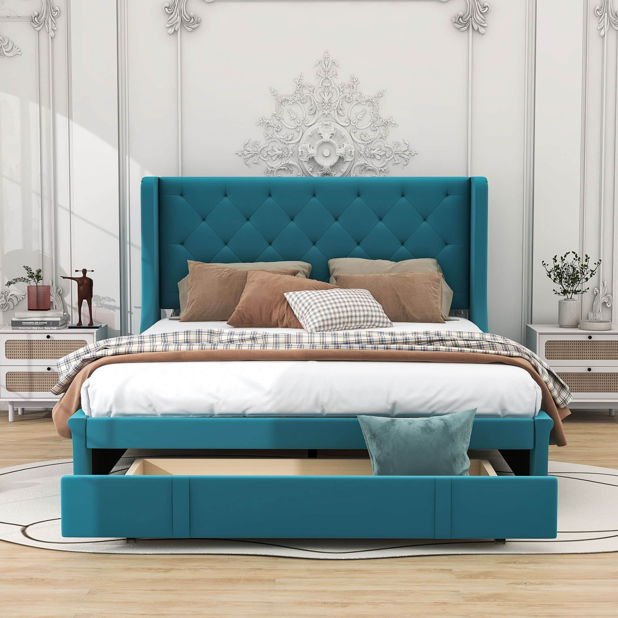 Queen Upholstered Bed Frame with Wingback Headboard and Storage