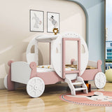 Twin Wood Girls Princess Bed with Stairs - [Carriage Bed with Crown]