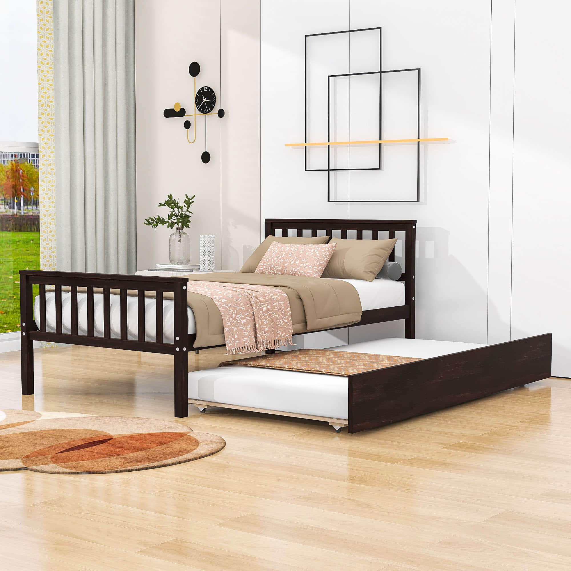 Twin Platform Bed Frame with Twin Trundle and Headboard - [Wooden, Footboard]