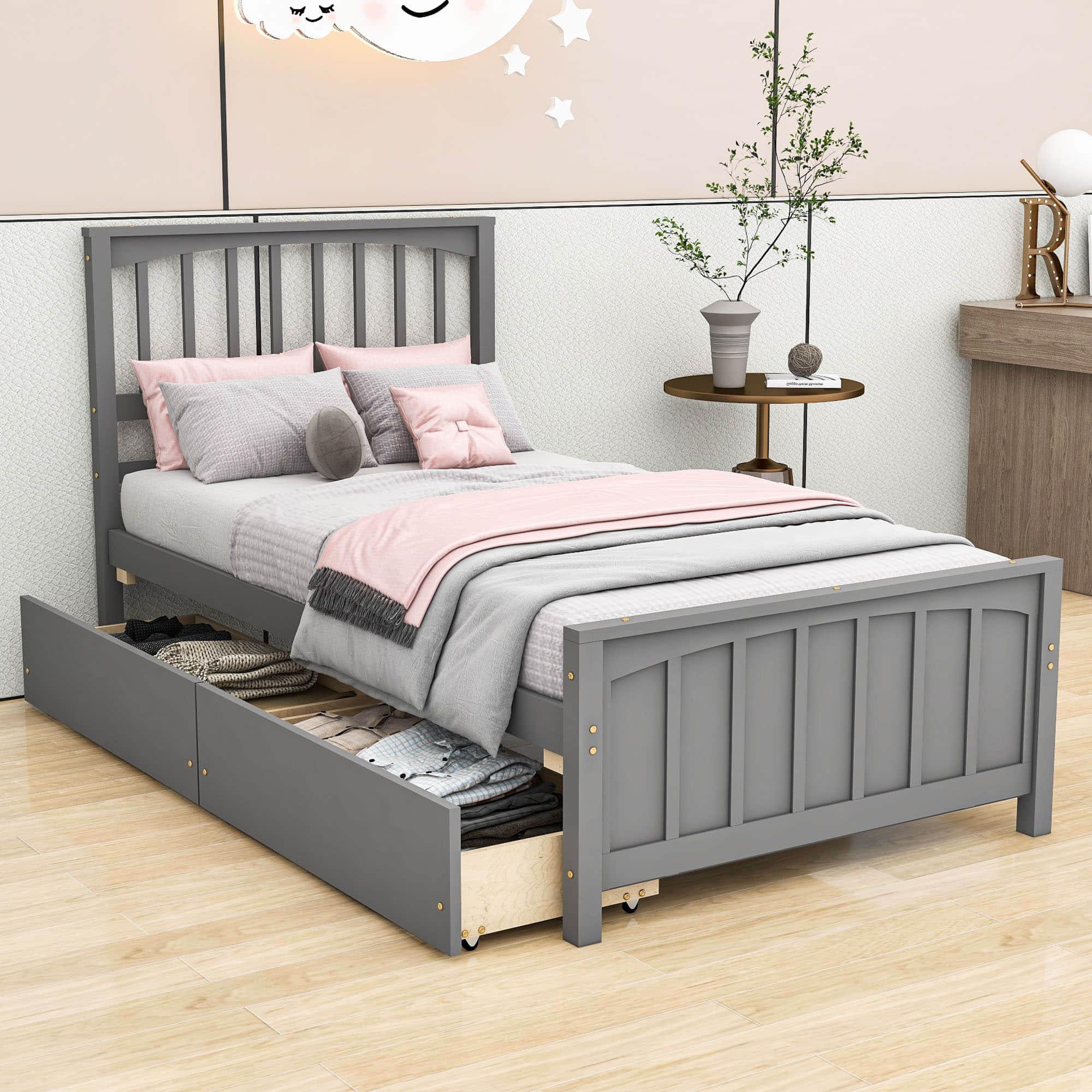 Wood Kids Storage Bed Frame with Headboard and Drawers