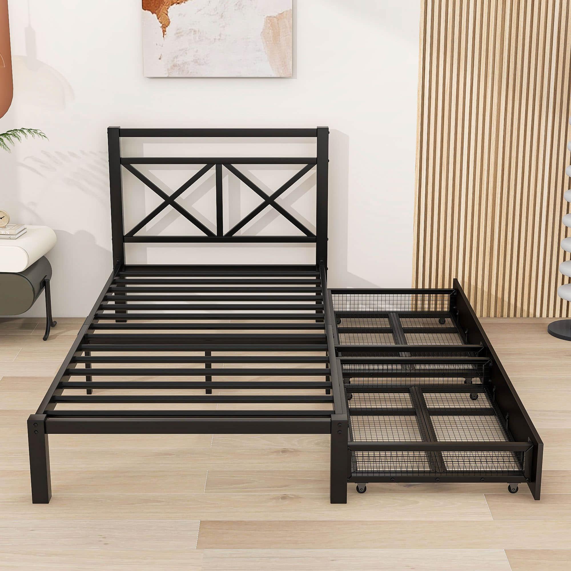 Metal Black Twin Platform Bed with Headboard and Storage