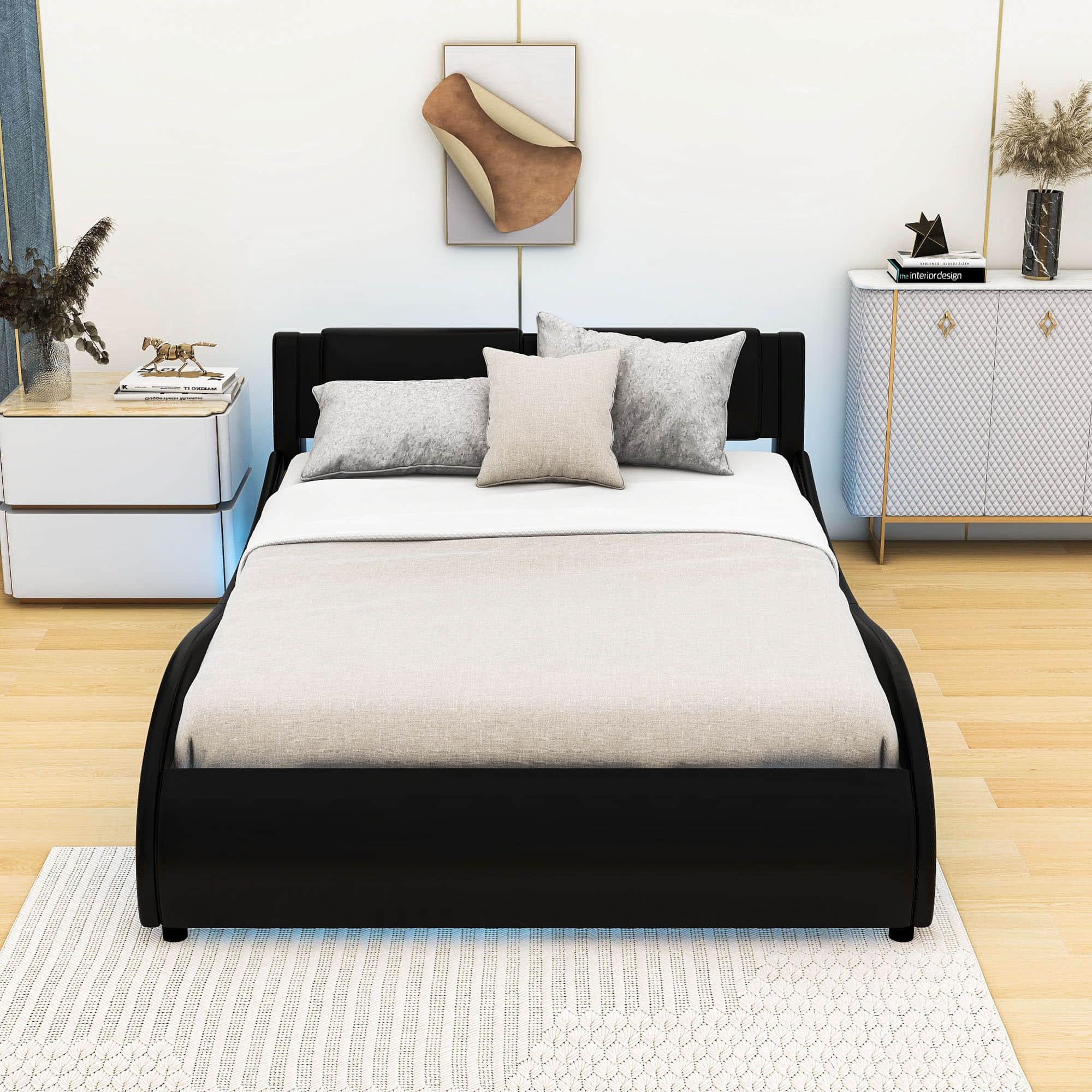 Modern Queen Upholstered Platform Bed Frame with Headboard and Lights