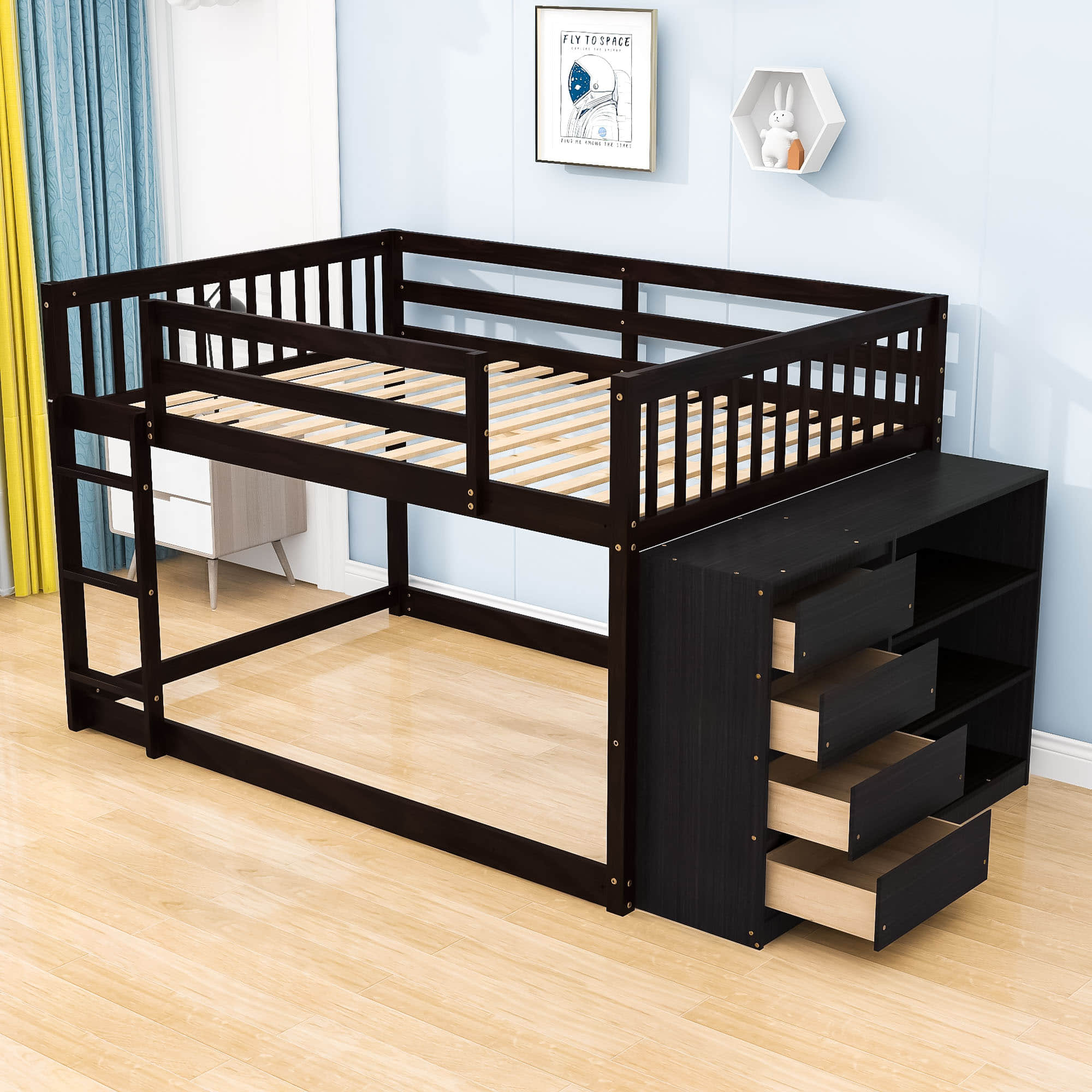 Low Full Over Full Bunk Beds for Kids, Toddlers with Storage - [Wood]