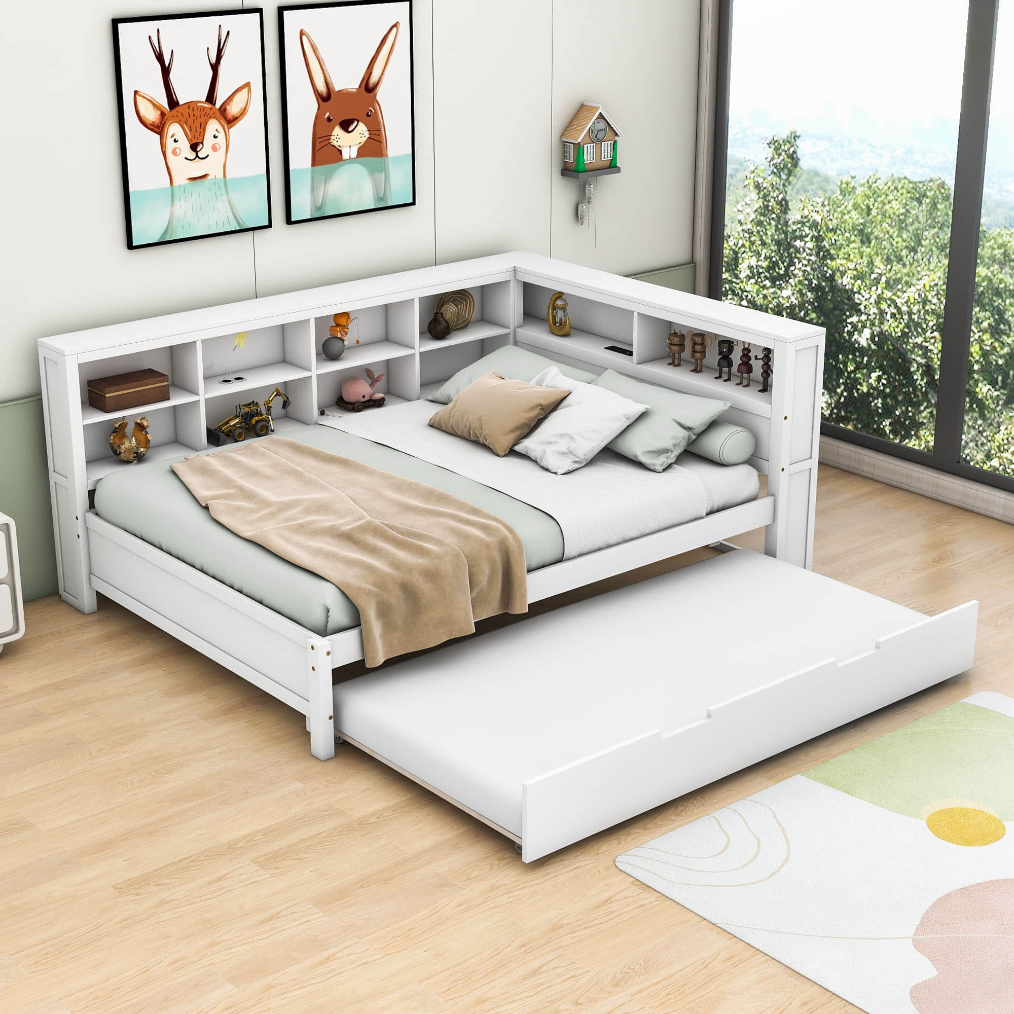 Modern Smart Full Size Wood Daybed with Twin Trundle and Storage