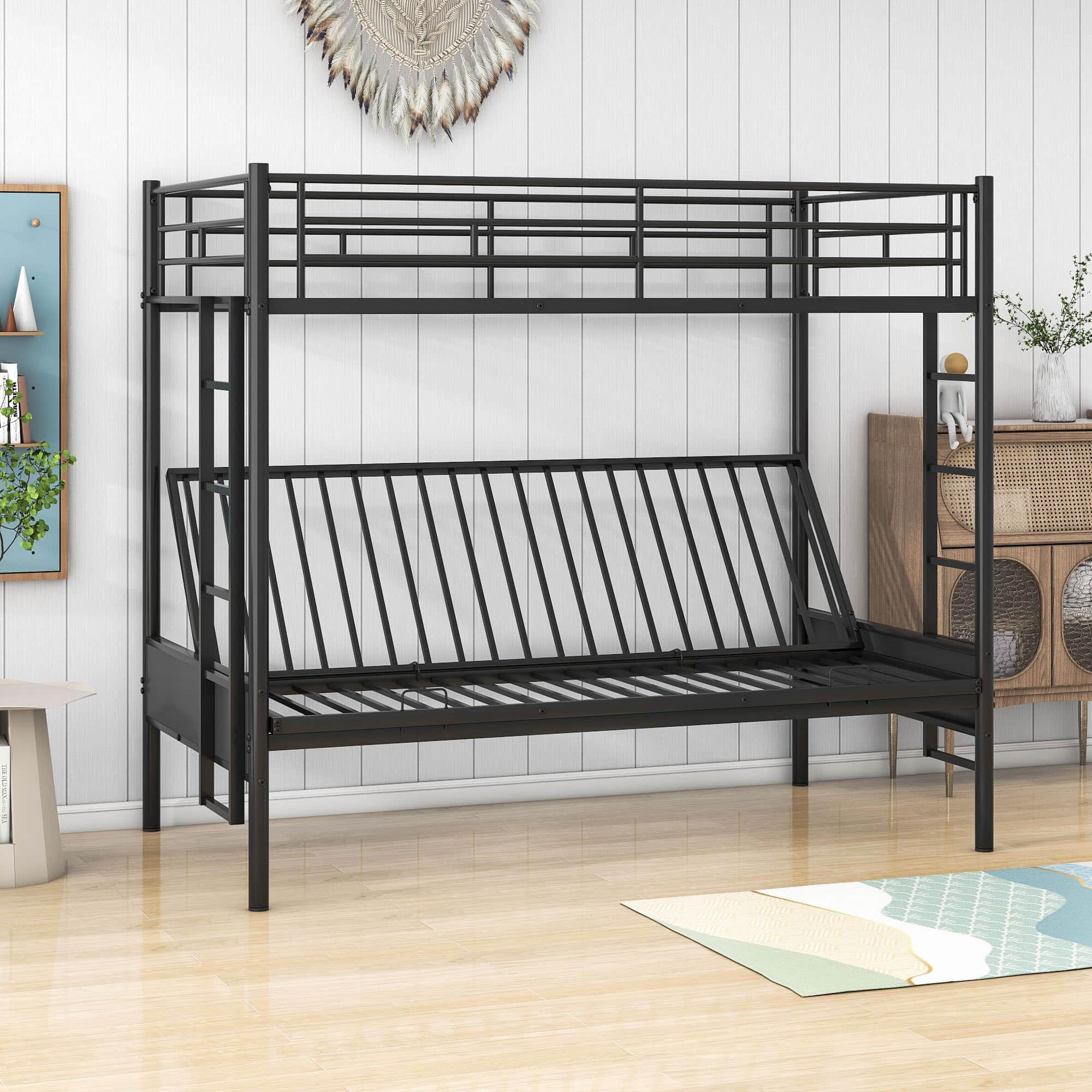 Twin Over Full Futon Bunk Beds with 2 Ladders - [Black, Metal]