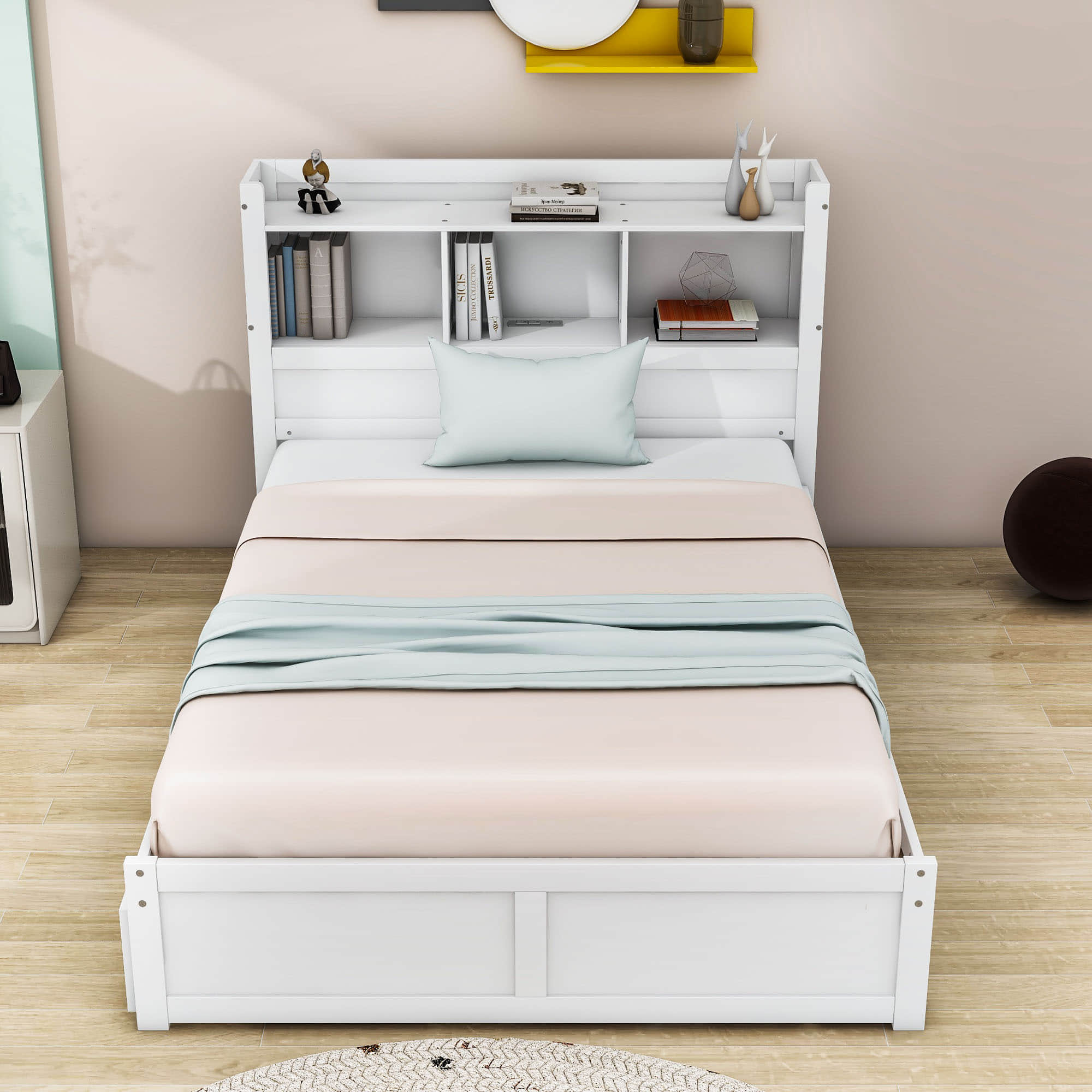 Full Platform Bed Frame with Twin Trundle Bed and Storage Headboard