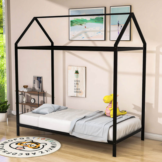 Twin Size Kids Low to Floor House Bed Frame for Boys and Girls