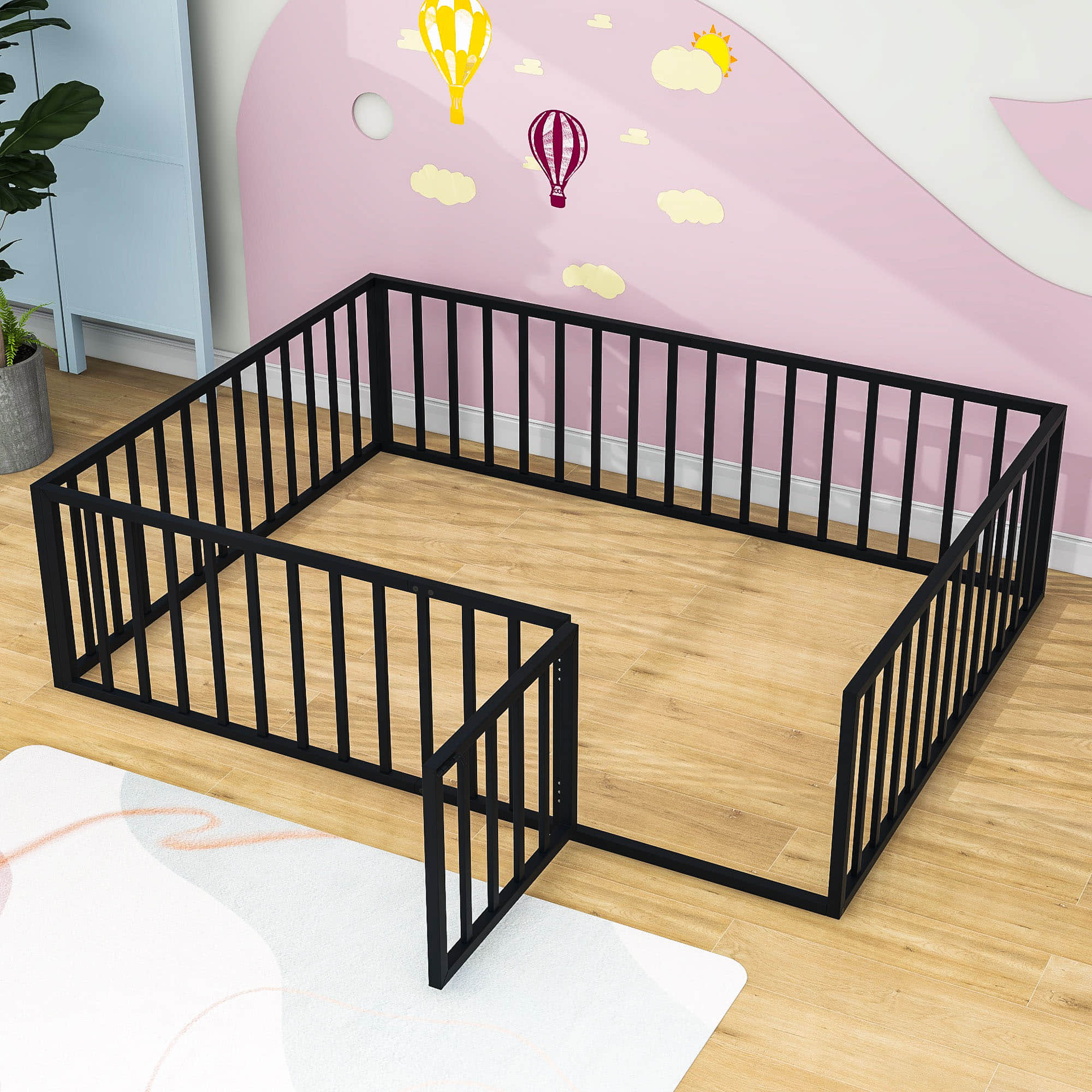 Metal Montessori Queen Toddler Floor Bed with Rails for Kids