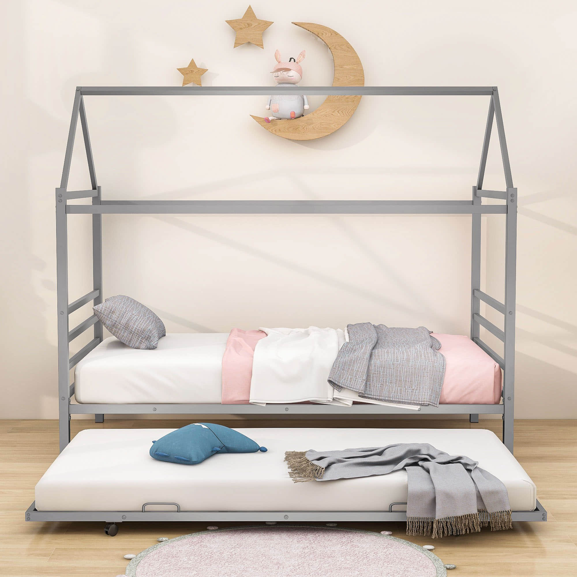 Metal Twin House Bed Frame with Twin Trundle Bed and Headboard