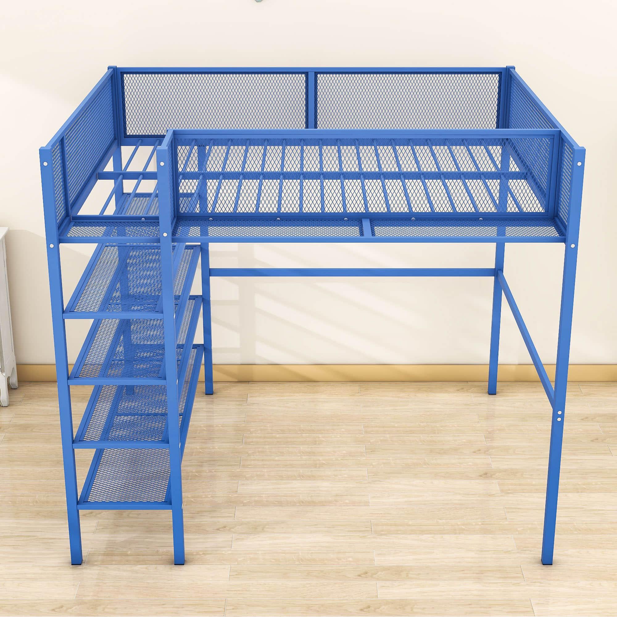 Modern Metal Full Size Loft Bed with Storage Shelves for Adult, Junior